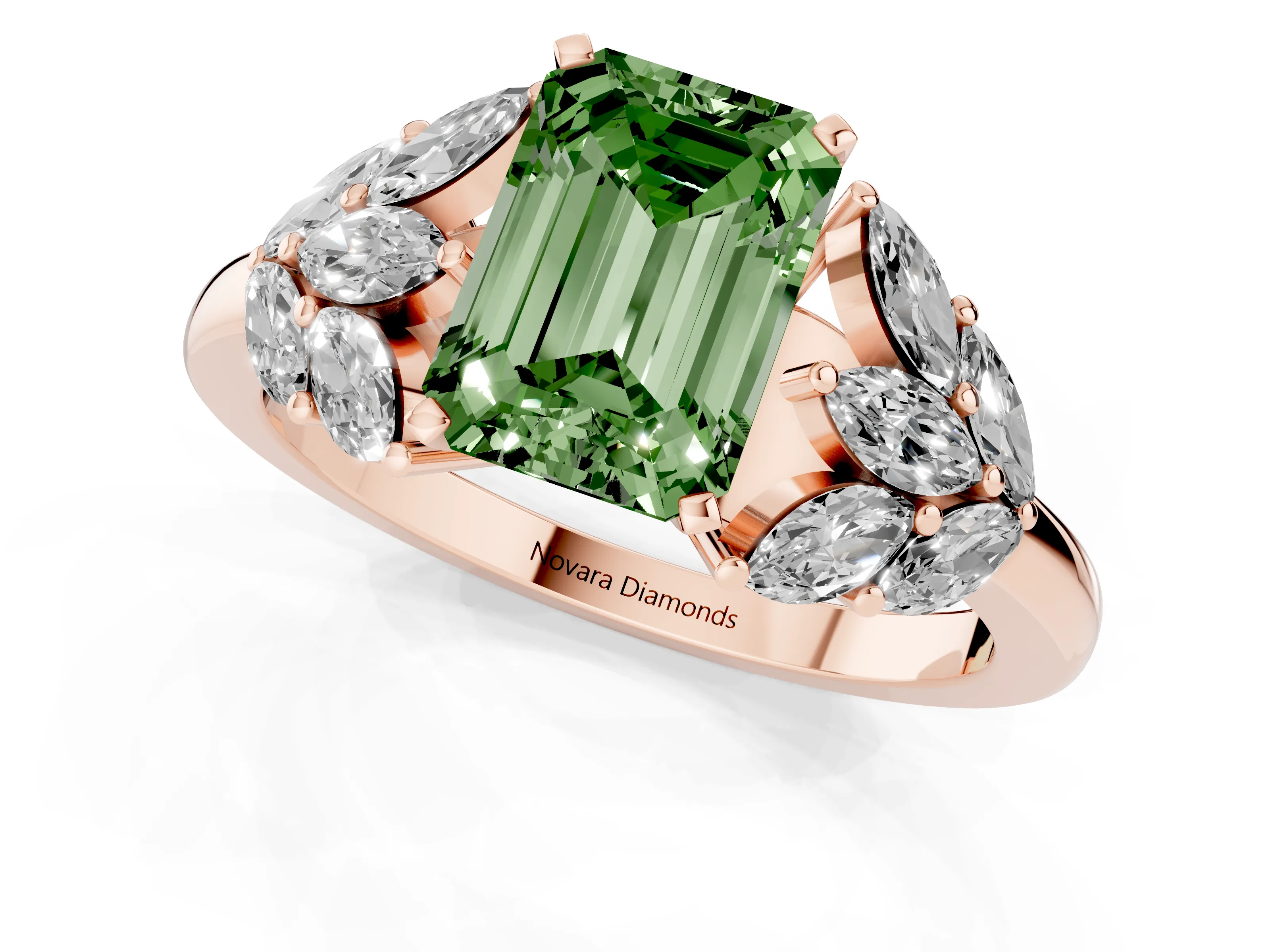 Fancy Green Emerald Cut Diamond Cluster Leaf Design Ring Set in Rose gold with Prong Setting