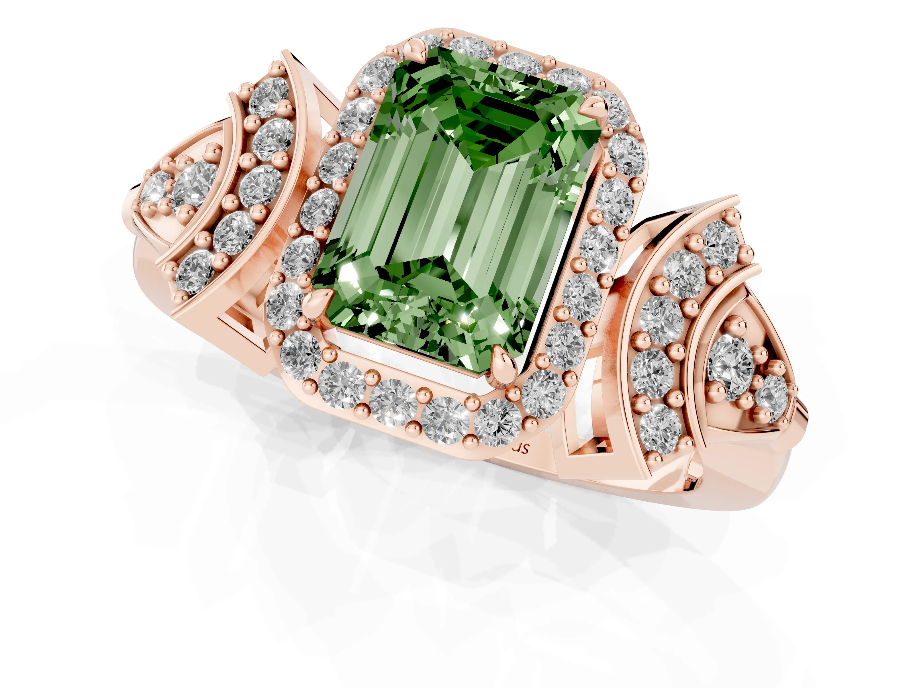 Fancy Green Emerald Cut Diamond Halo Engagement Ring Set in Rose gold with Accent Stone Split Shank