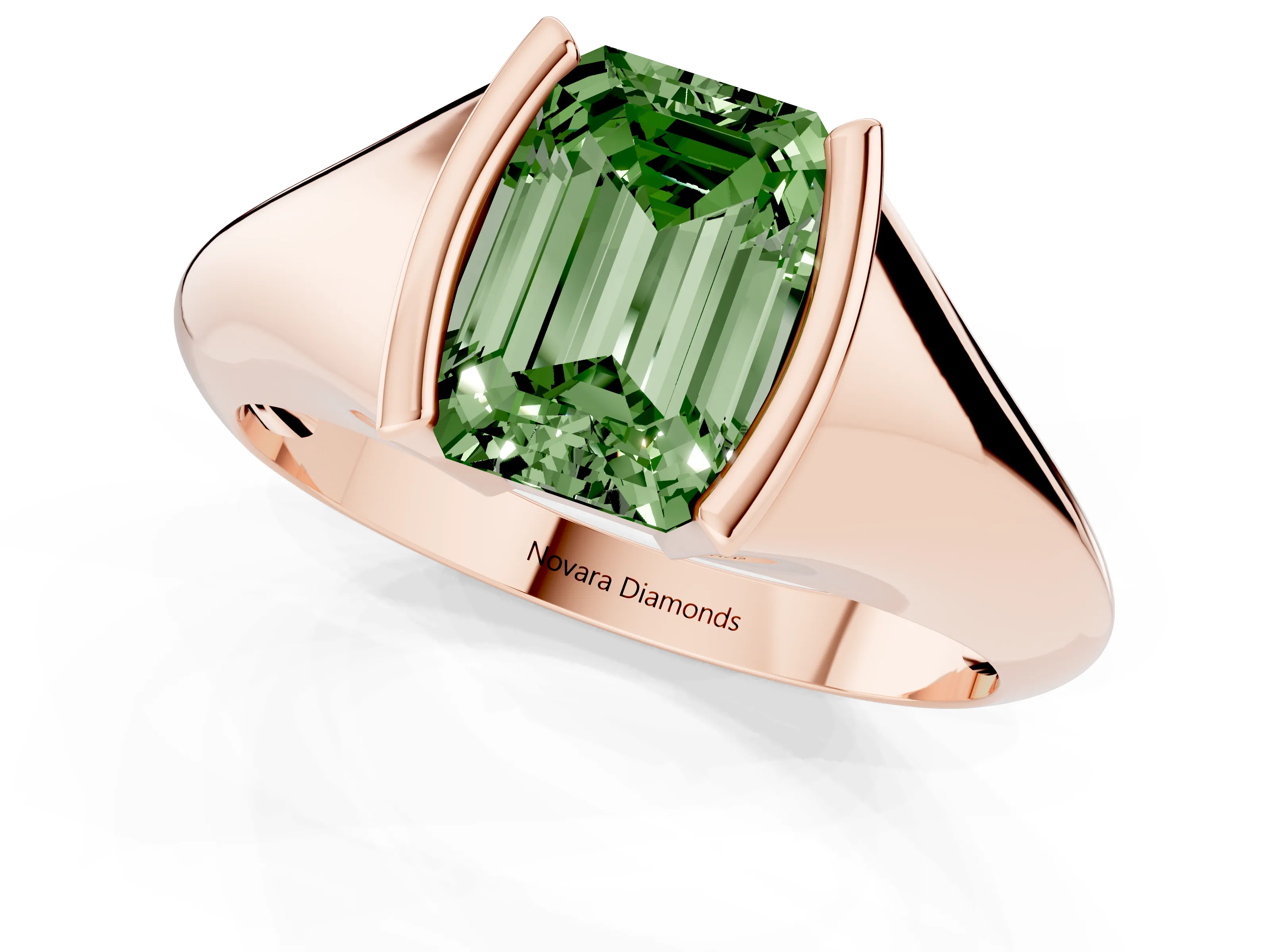 Fancy Green Emerald Cut Diamond Solitaire Tension Set Ring Set in Rose gold