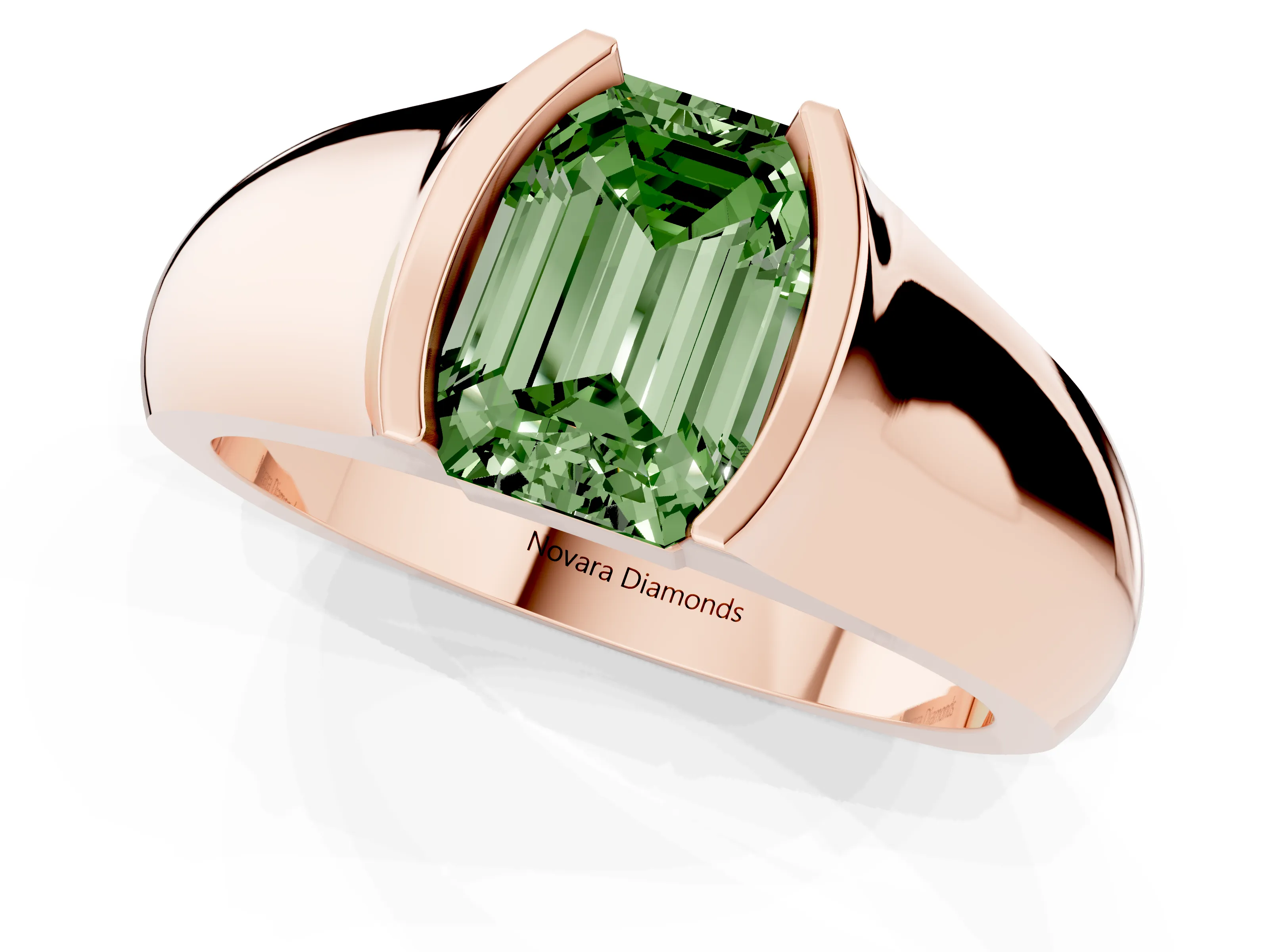 Fancy Green Emerald Cut Diamond Bezel Solitaire Ring Set in Rose gold with Wide Band