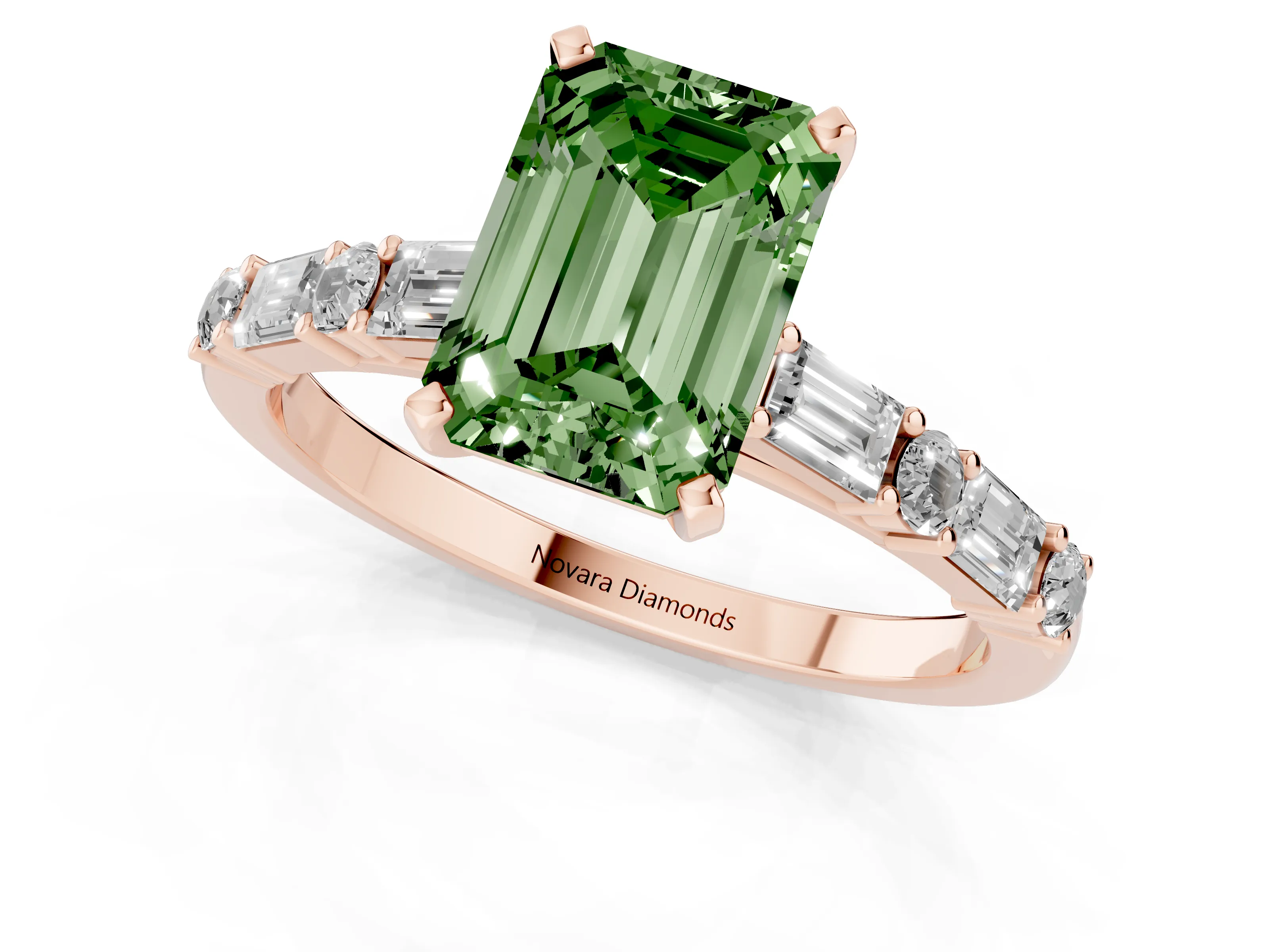 Fancy Green Emerald Cut Diamond Solitaire Set in Rose gold with Side Baguettes and Channel Set Band