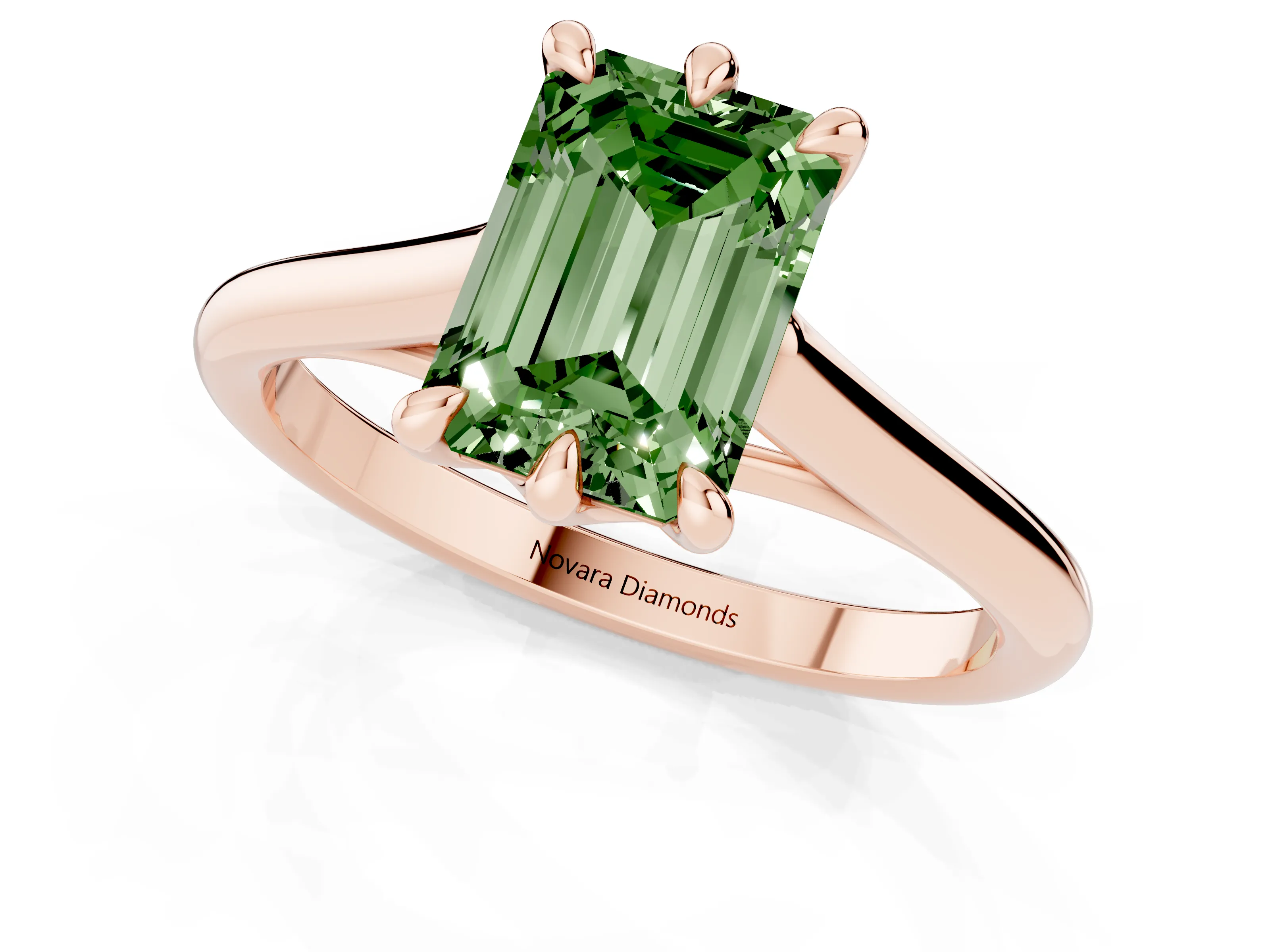 Fancy Green Emerald Cut Diamond Solitaire Engagement Ring Set in Rose gold with Prong Setting and Plain Classic Band
