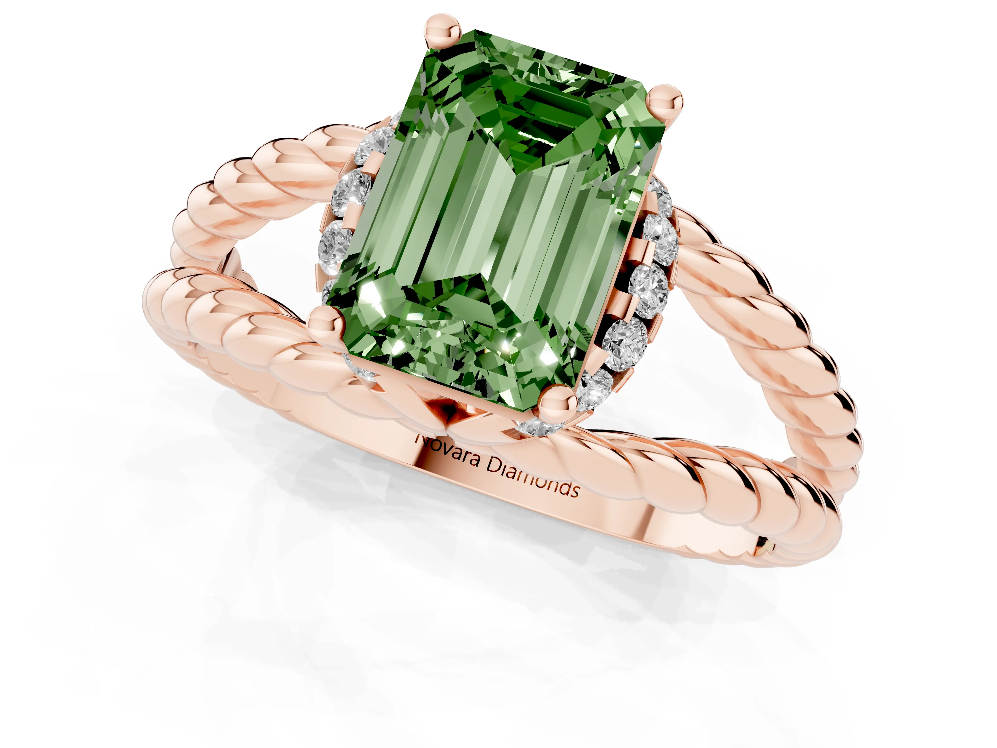 Fancy Green Emerald Cut Diamond Halo Ring Set in Rose gold with Twisted Band and Prong Setting