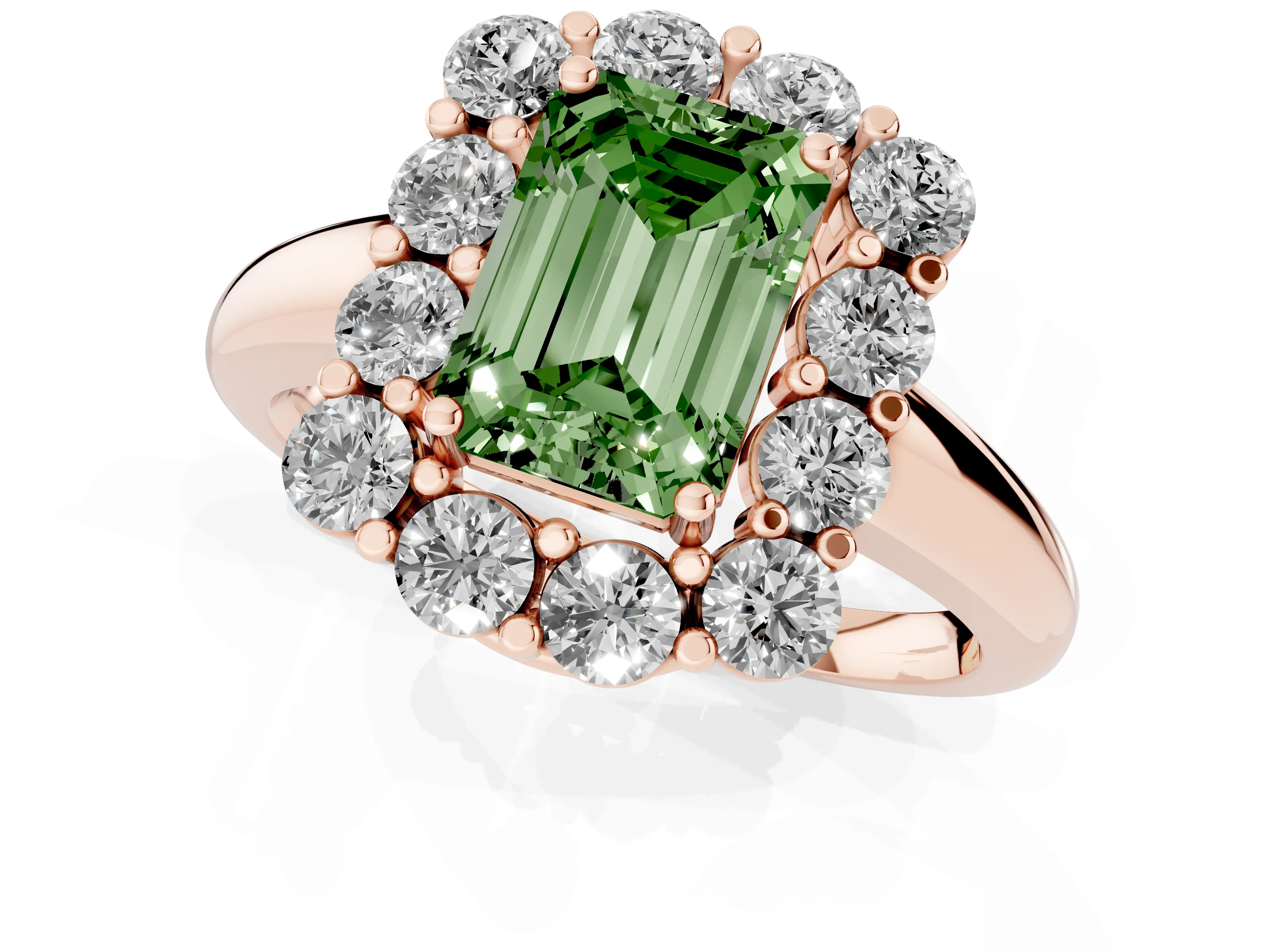 Fancy Green Emerald Cut Diamond Halo Cluster Engagement Ring Set in Rose gold with Polished Band and Prong Setting