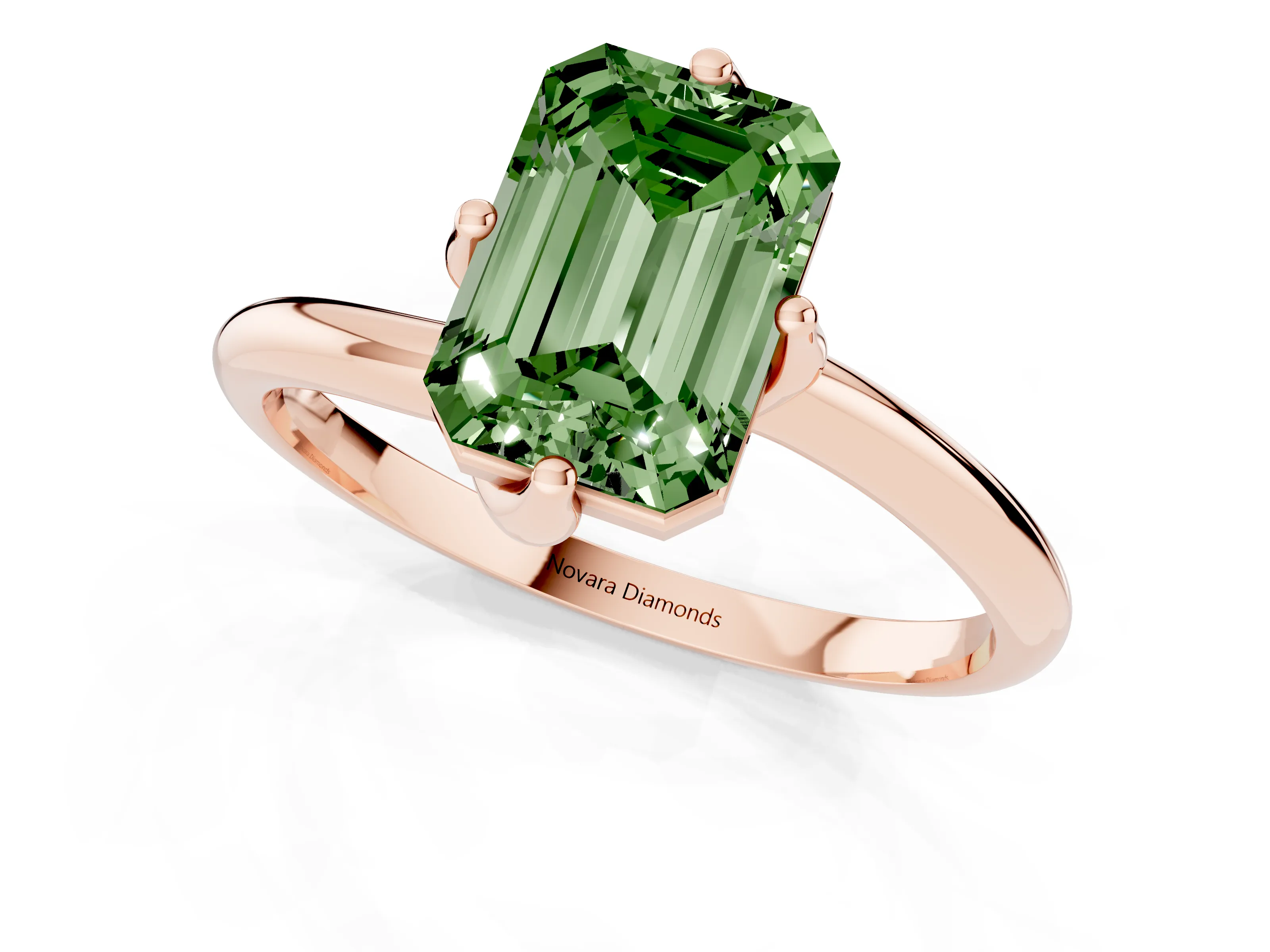 Fancy Green Emerald Cut Diamond Solitaire Engagement Ring Set in Rose gold with Classic Plain Band