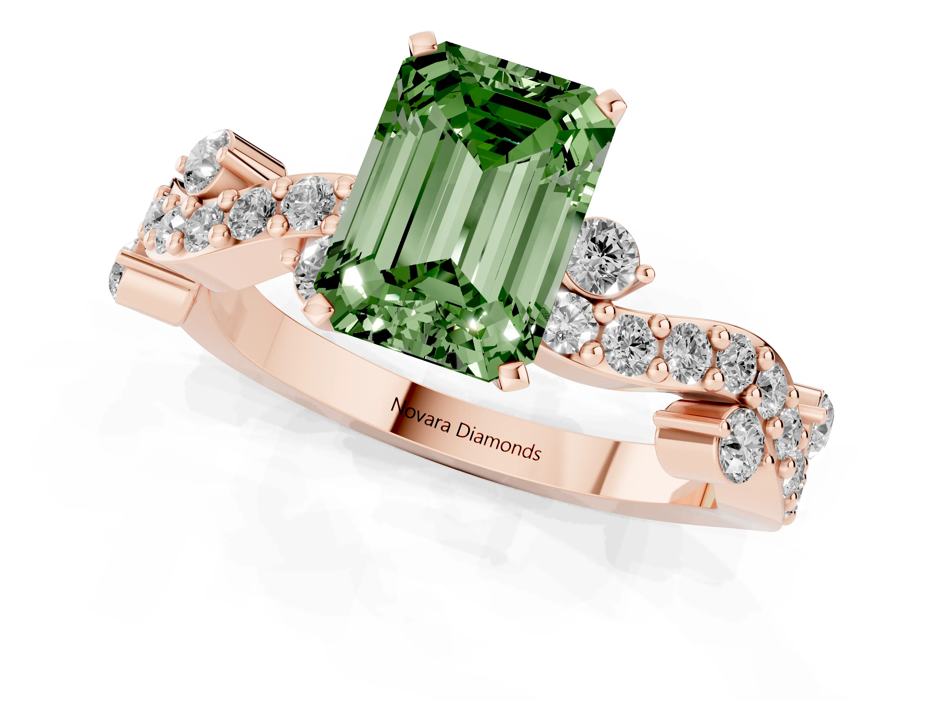 Fancy Green Emerald Cut Diamond Solitaire Twisted Band Set in Rose gold with Pavé Setting
