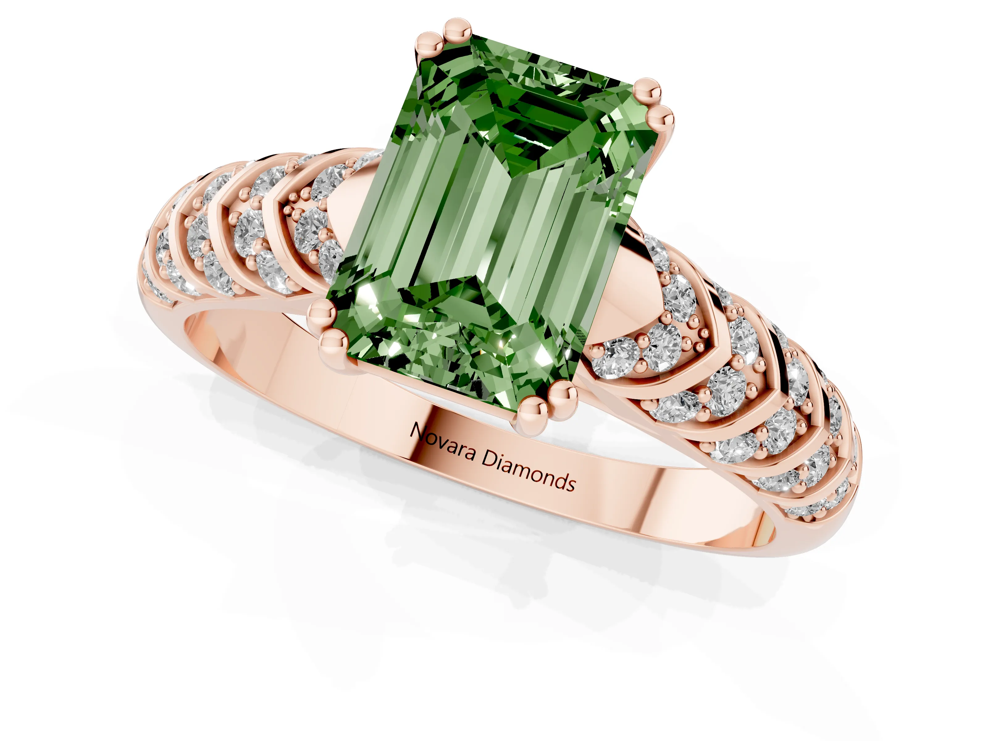 Fancy Green Emerald Cut Diamond Solitaire Chevron Pavé Engagement Ring Set in Rose gold with Prong Setting