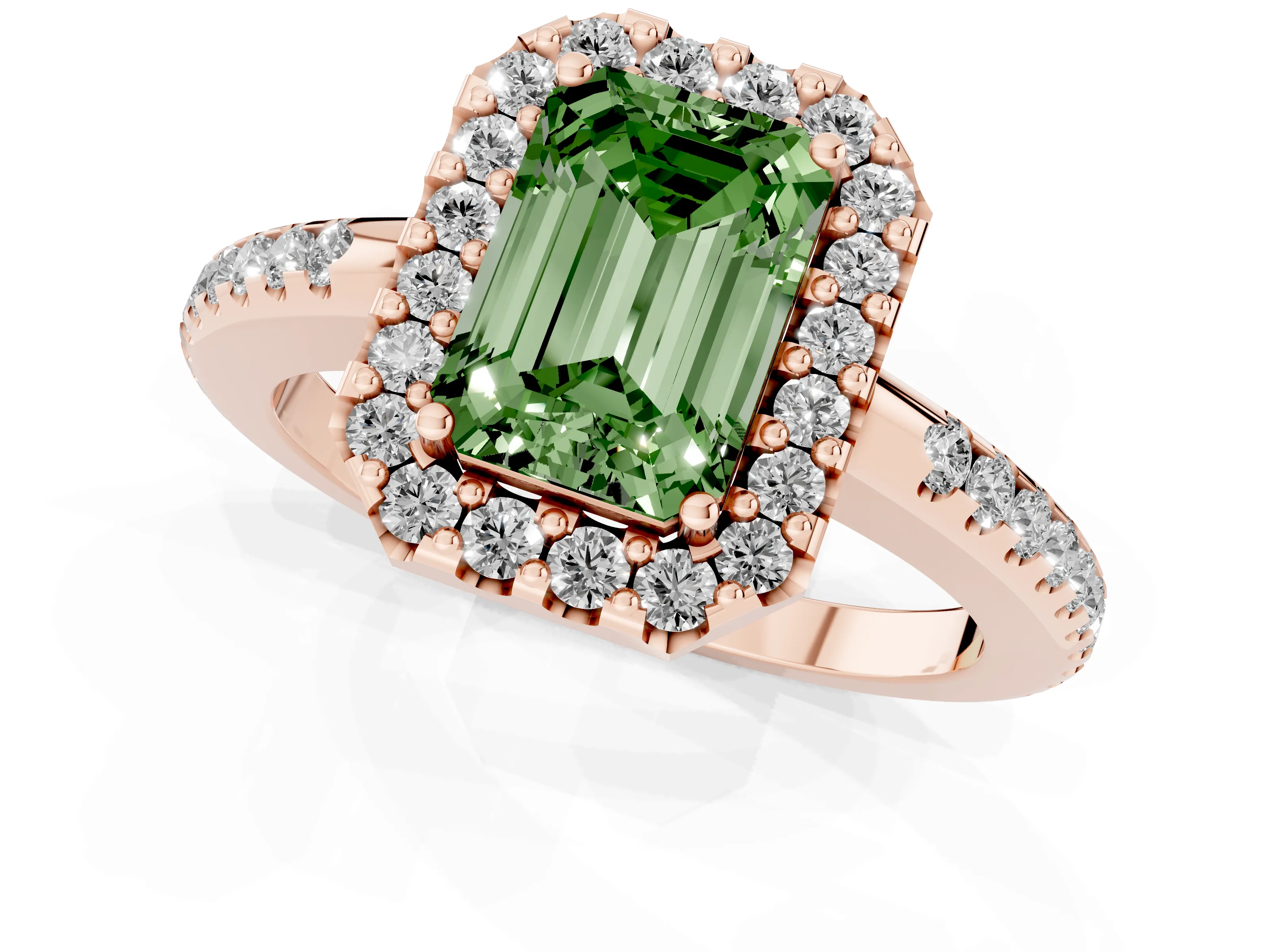 Fancy Green Emerald Cut Diamond Pavé Halo Ring Set in Rose gold with Prong Setting