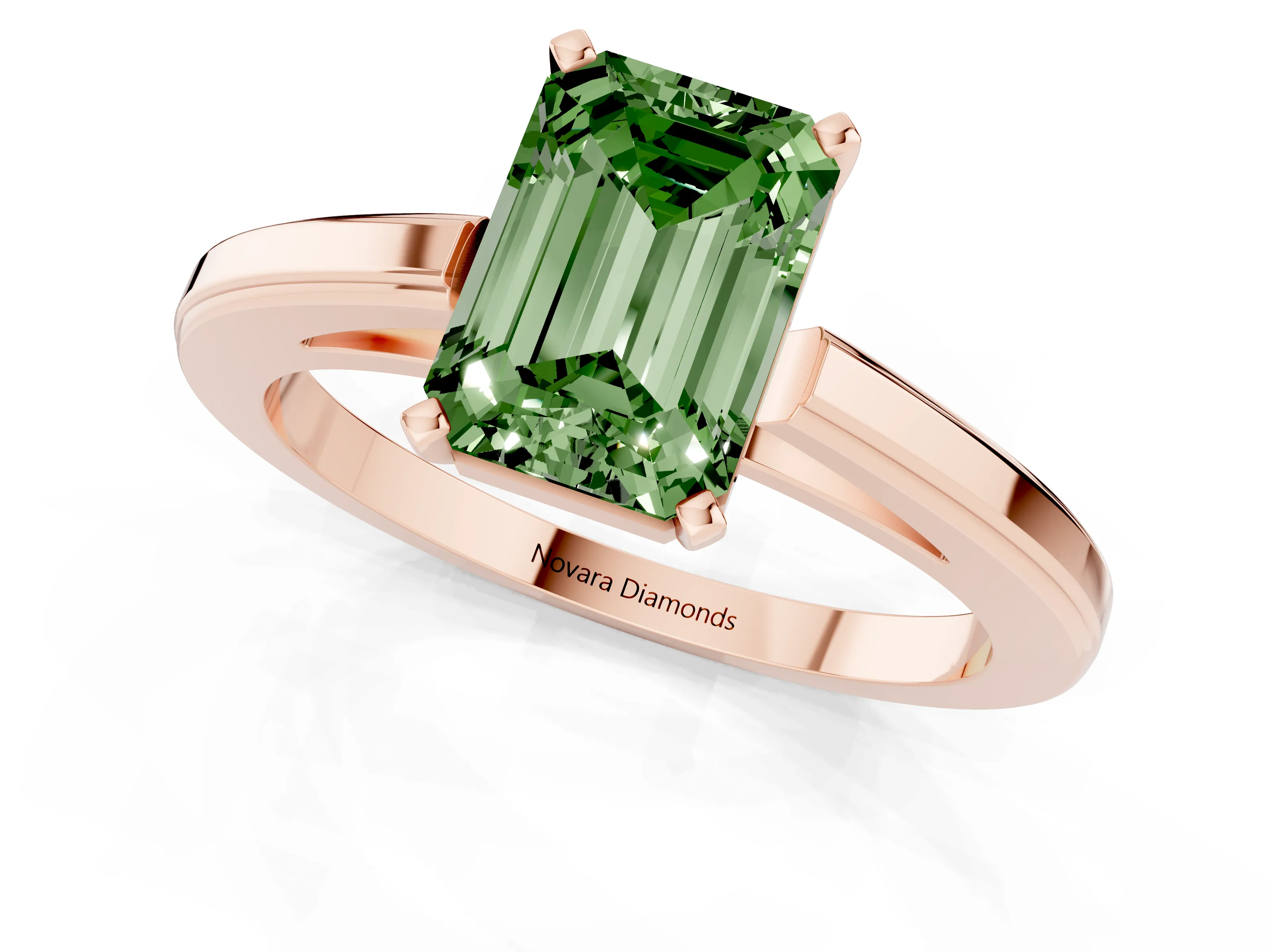 Fancy Green Emerald Cut Diamond Solitaire Ring Set in Rose gold with Prong Setting and Classic Band