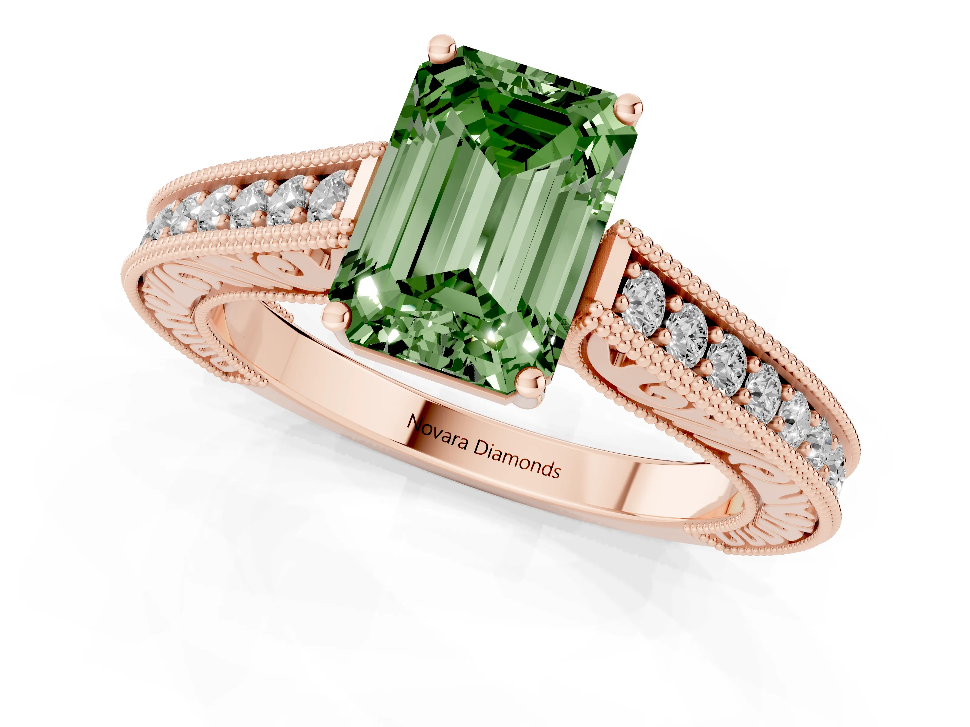 Fancy Green Emerald Cut Diamond Milgrain Pavé Band Solitaire Ring Set in Rose gold with Prong Setting