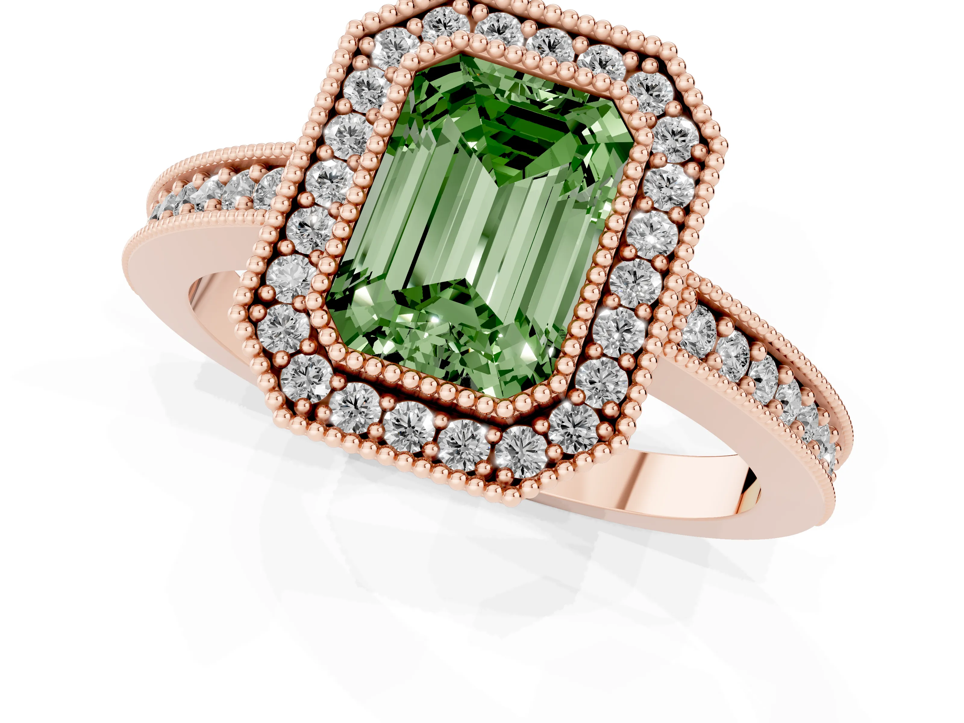 Fancy Green Emerald Cut Diamond Halo Engagement Ring Set in Rose gold with Pavé Band and Round Halo Stones