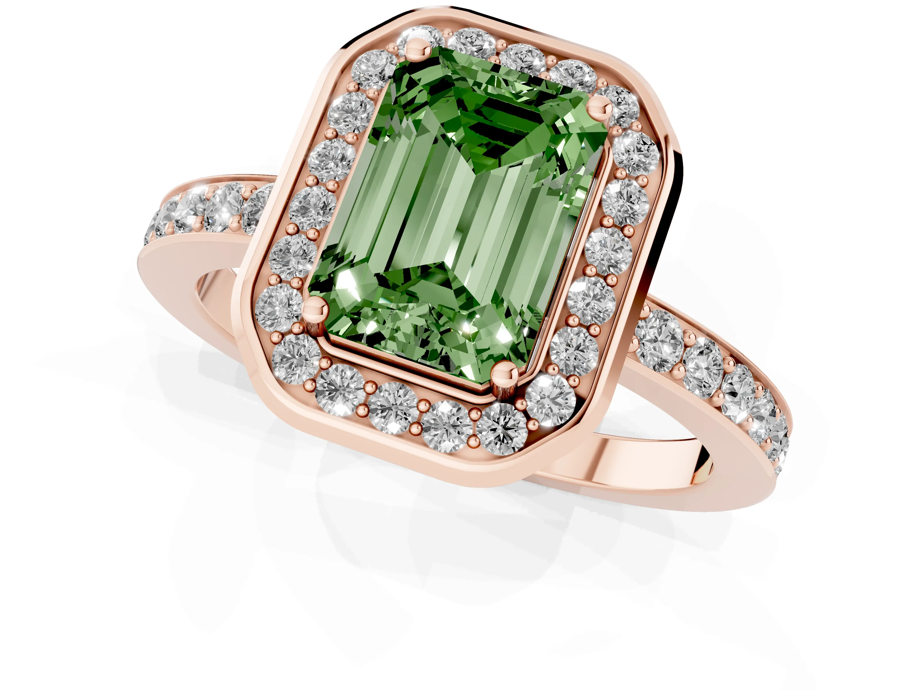 Fancy Green Emerald Cut Diamond Halo Ring Set in Rose gold with Bezel Frame and Pavé Band