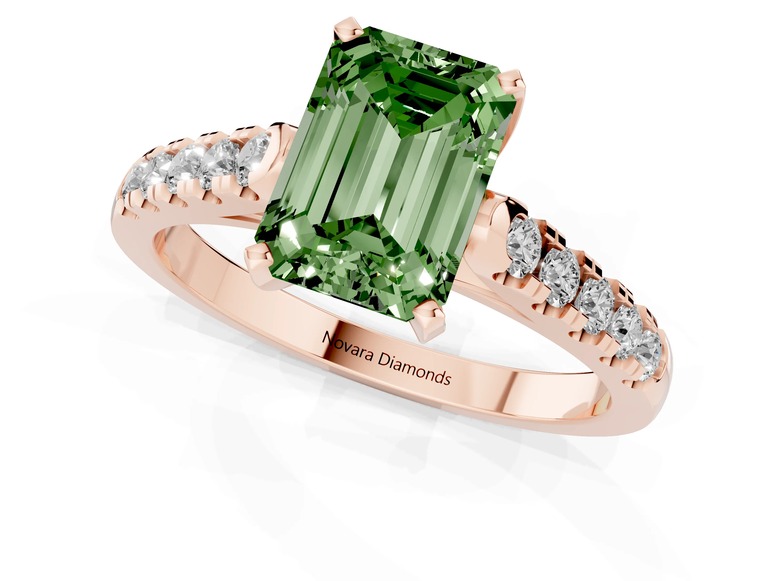 Fancy Green Emerald Cut Diamond Pavé Band Solitaire Ring Set in Rose gold with Partway Accent Stones and Prong Setting