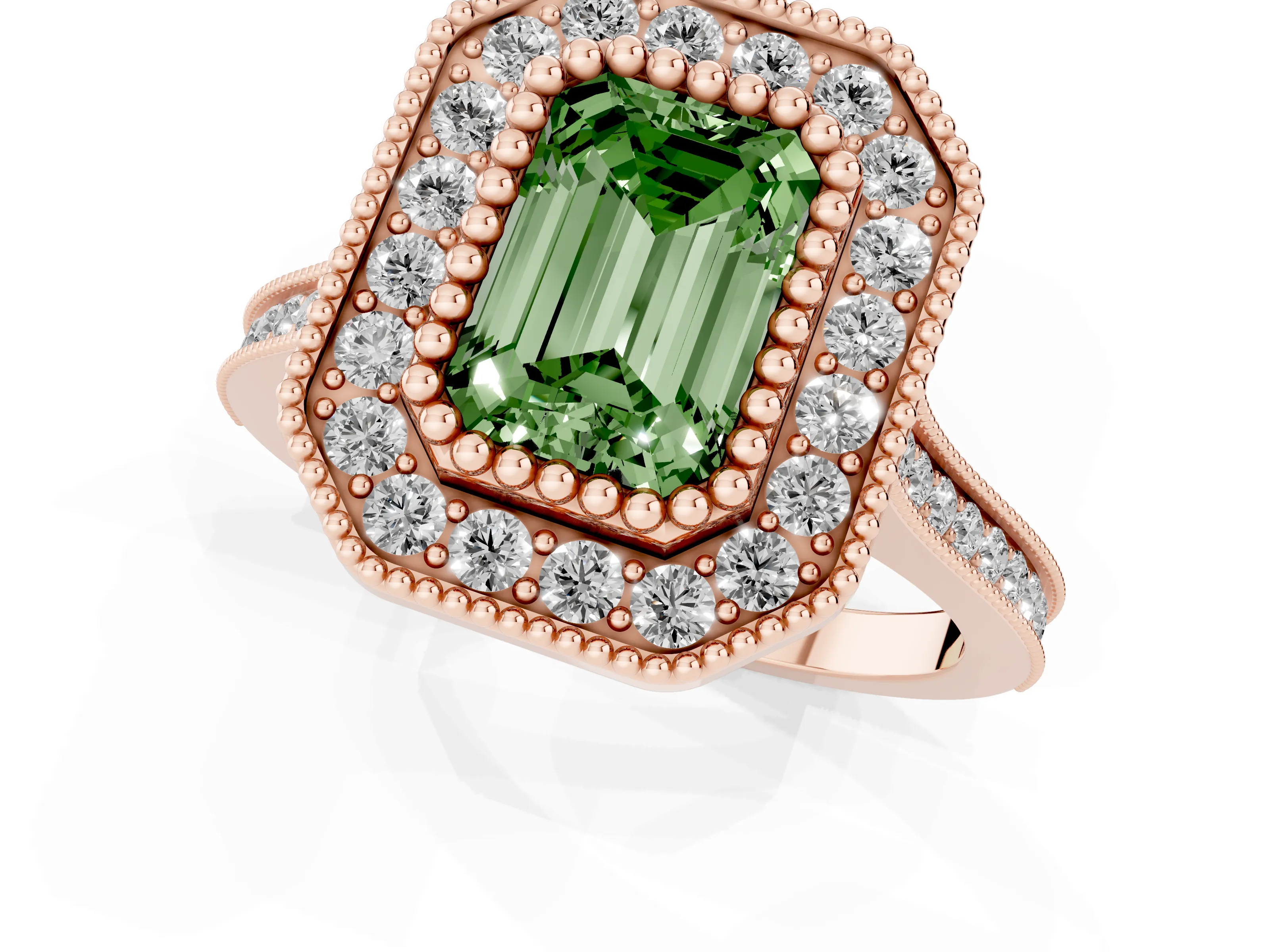 Fancy Green Emerald Cut Diamond Halo Ring Set in Rose gold with Milgrain Frame and Pavé Band