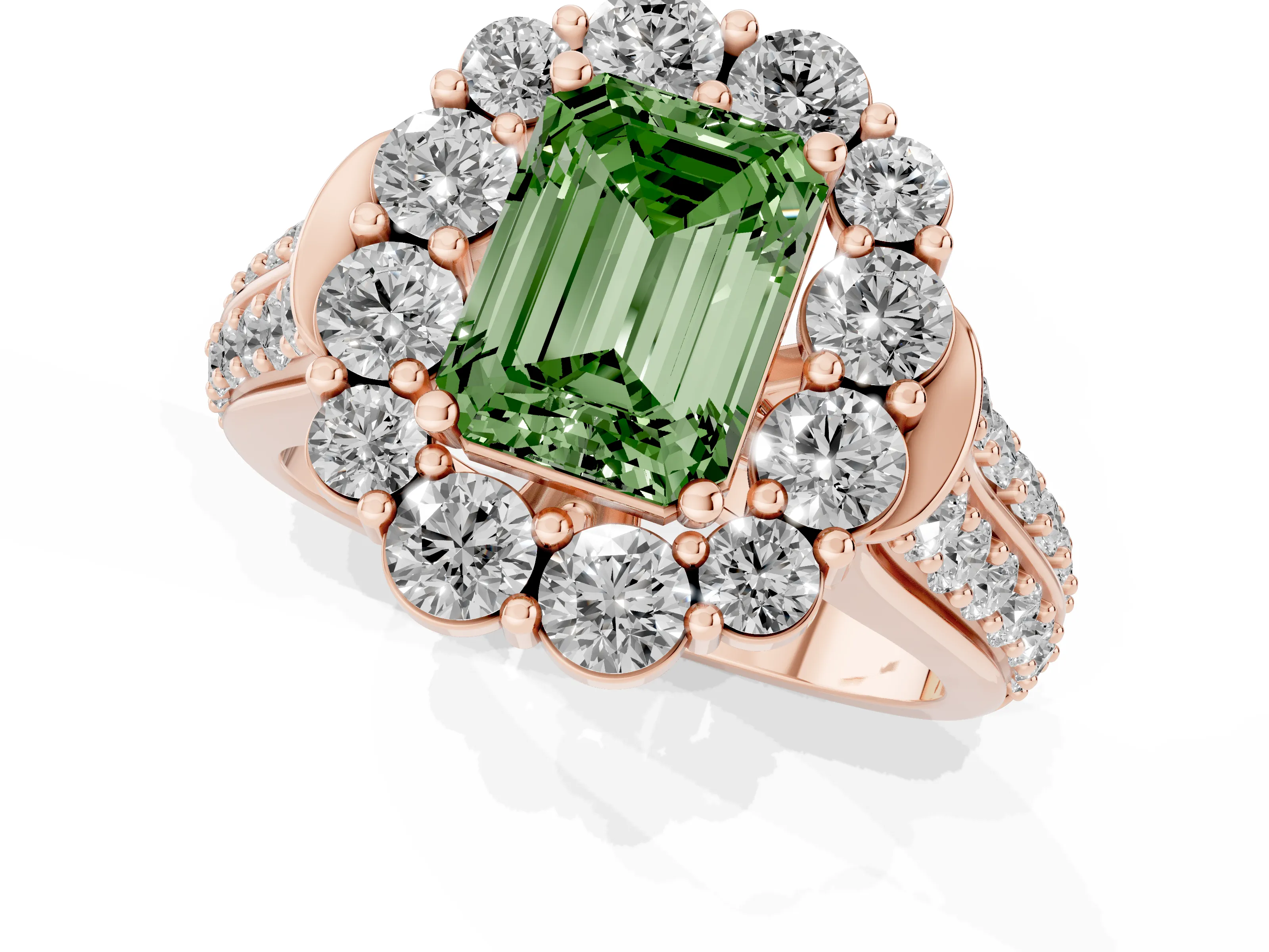 Fancy Green Emerald Cut Diamond Halo Engagement Ring Set in Rose gold with Split Shank and Prong Setting