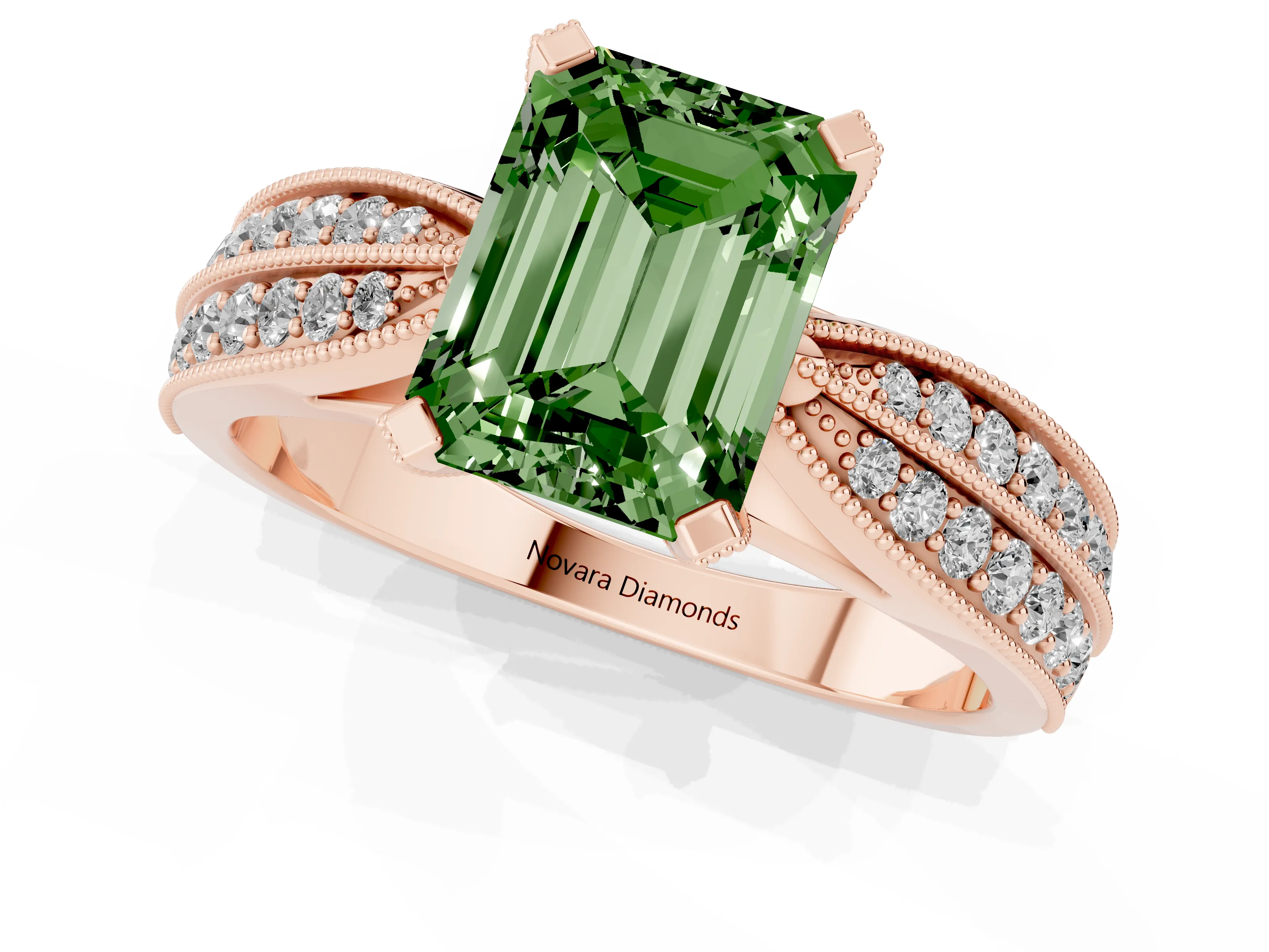 Fancy Green Emerald Cut Diamond Solitaire Ring Set in Rose gold with Milgrain Double Row Round Pavé Band