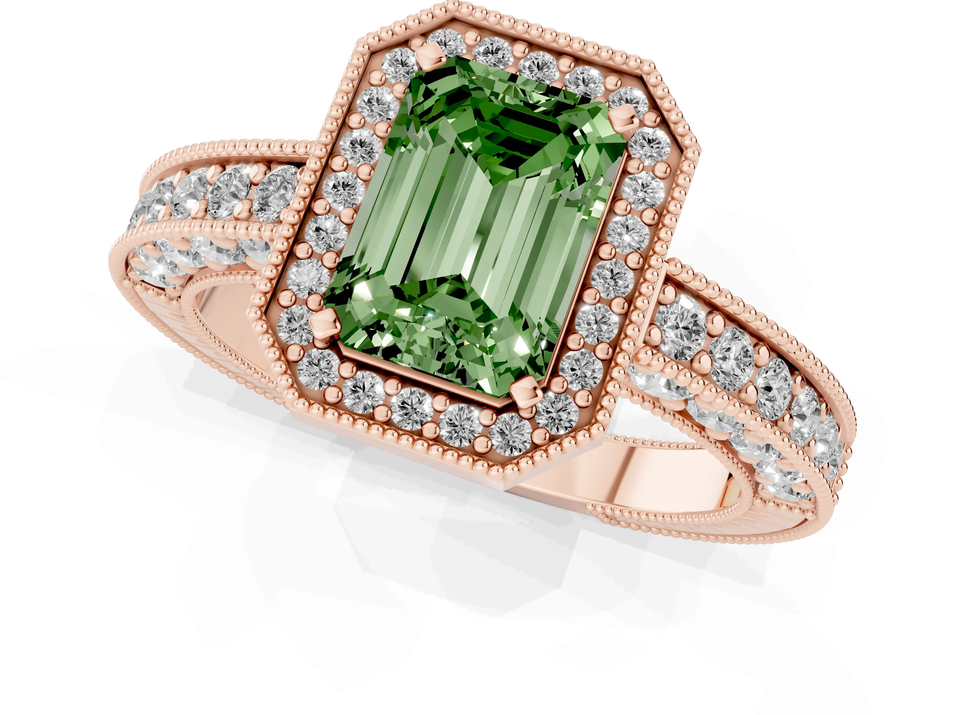 Fancy Green Emerald Cut Diamond Halo Pavé Band Ring Set in Rose gold with Prong-Set Center