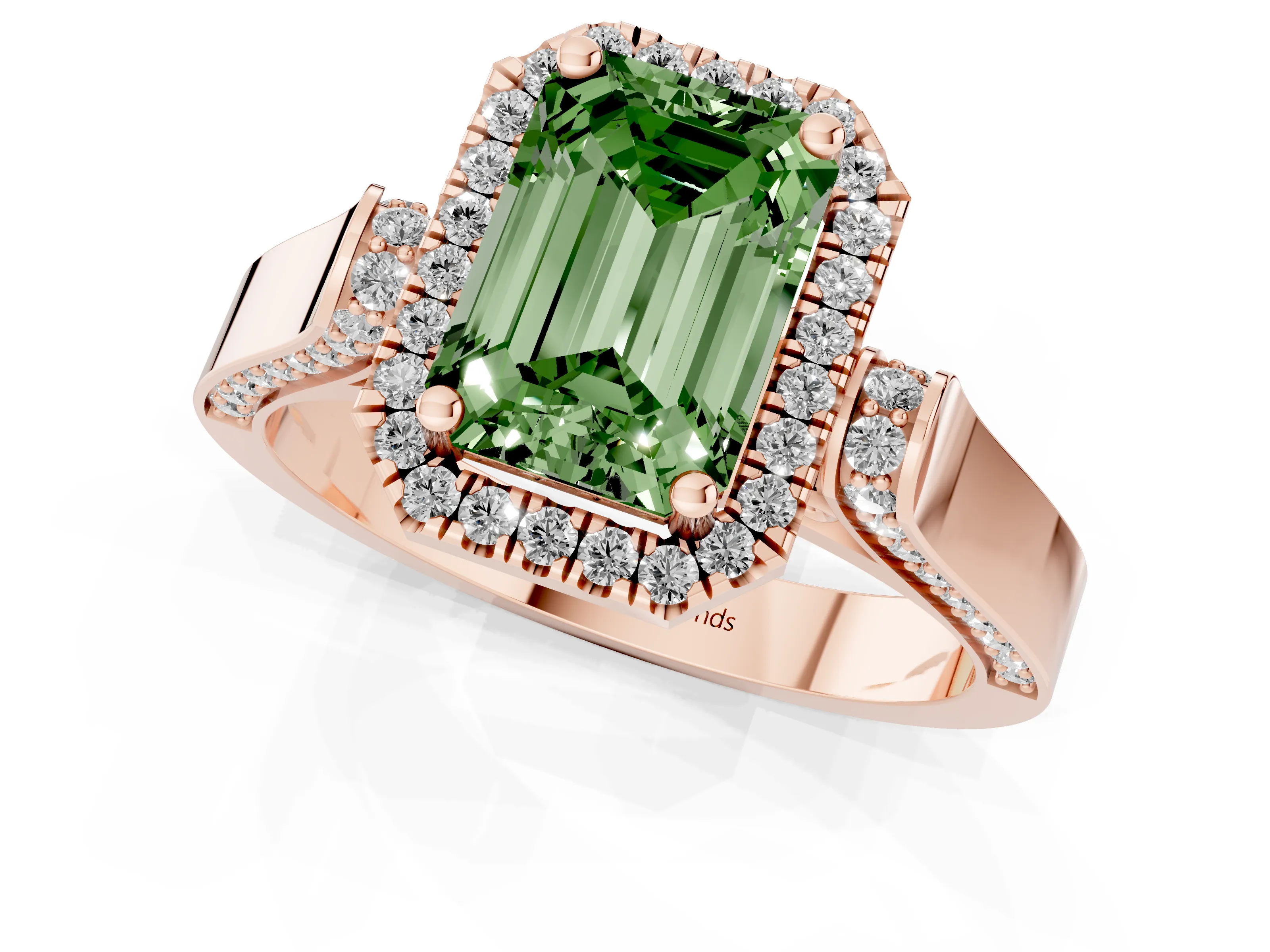Fancy Green Emerald Cut Diamond Halo Ring Set in Rose gold with Pavé-Lined Split Shank Band