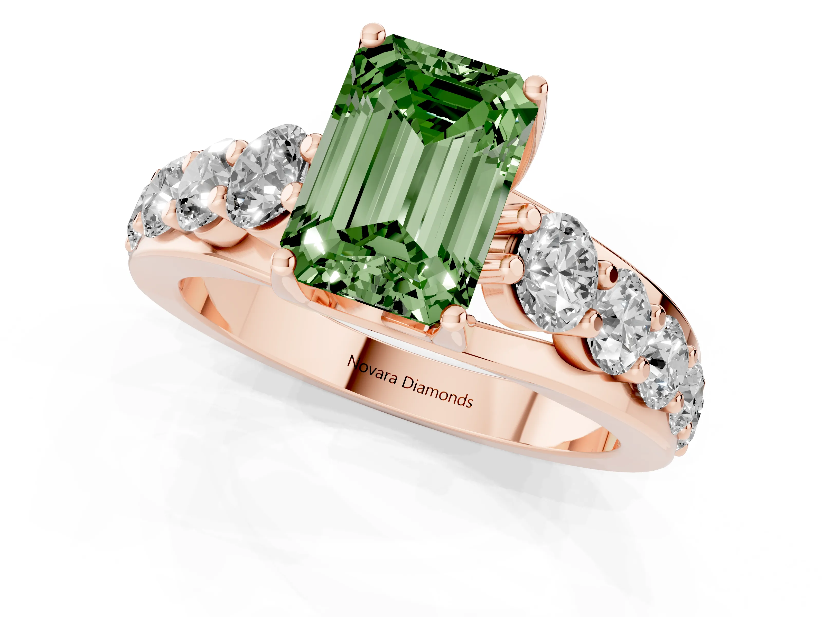 Fancy Green Emerald Cut Diamond Pavé Engagement Ring Set in Rose gold with Prong Setting