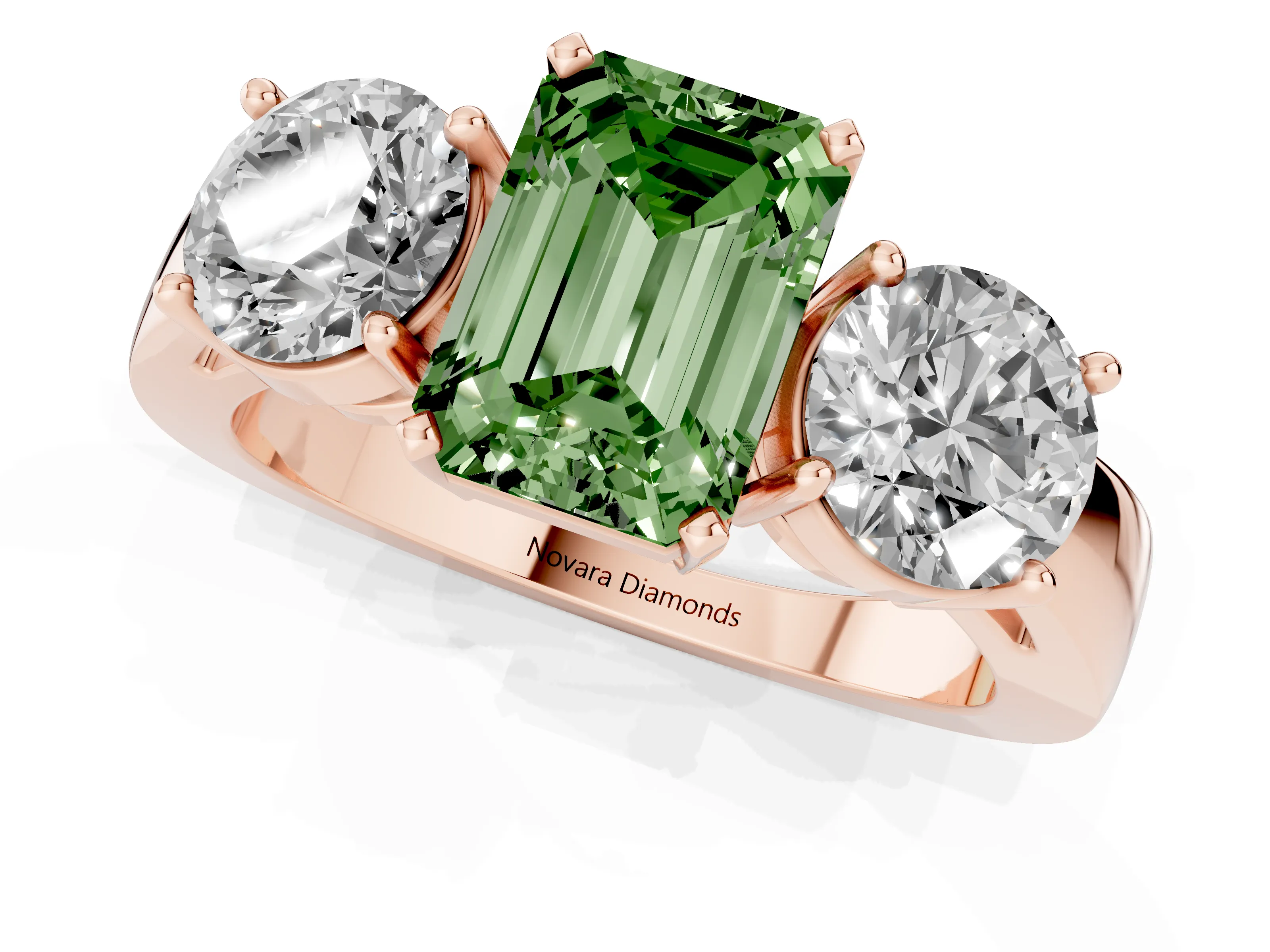 Fancy Green Emerald Cut Diamond Three-Stone Ring Set in Rose gold with Round Side Stones and Classic Band