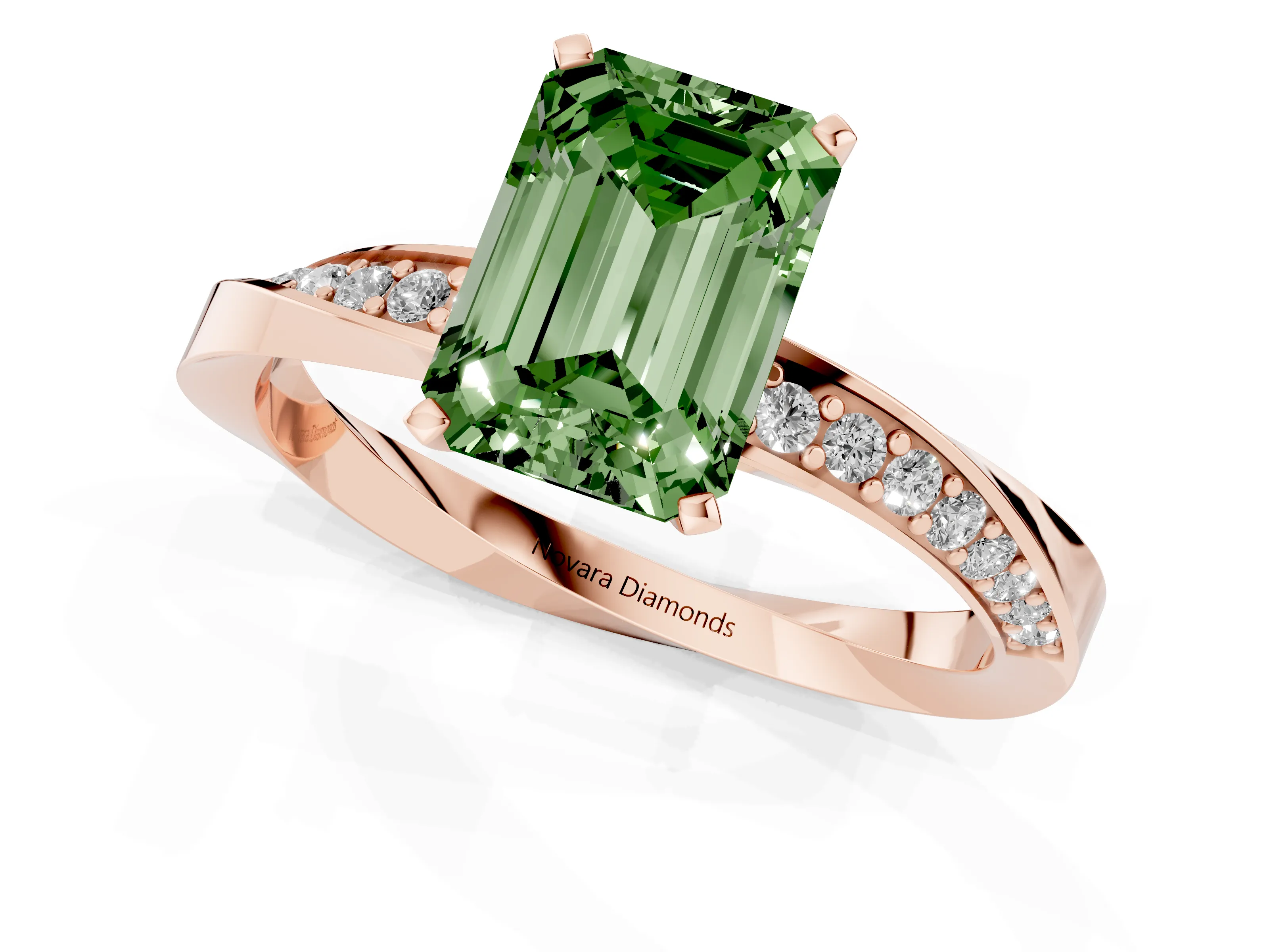 Fancy Green Emerald Cut Diamond Engagement Ring Set in Rose gold with Side Stone Accents and Prong Setting