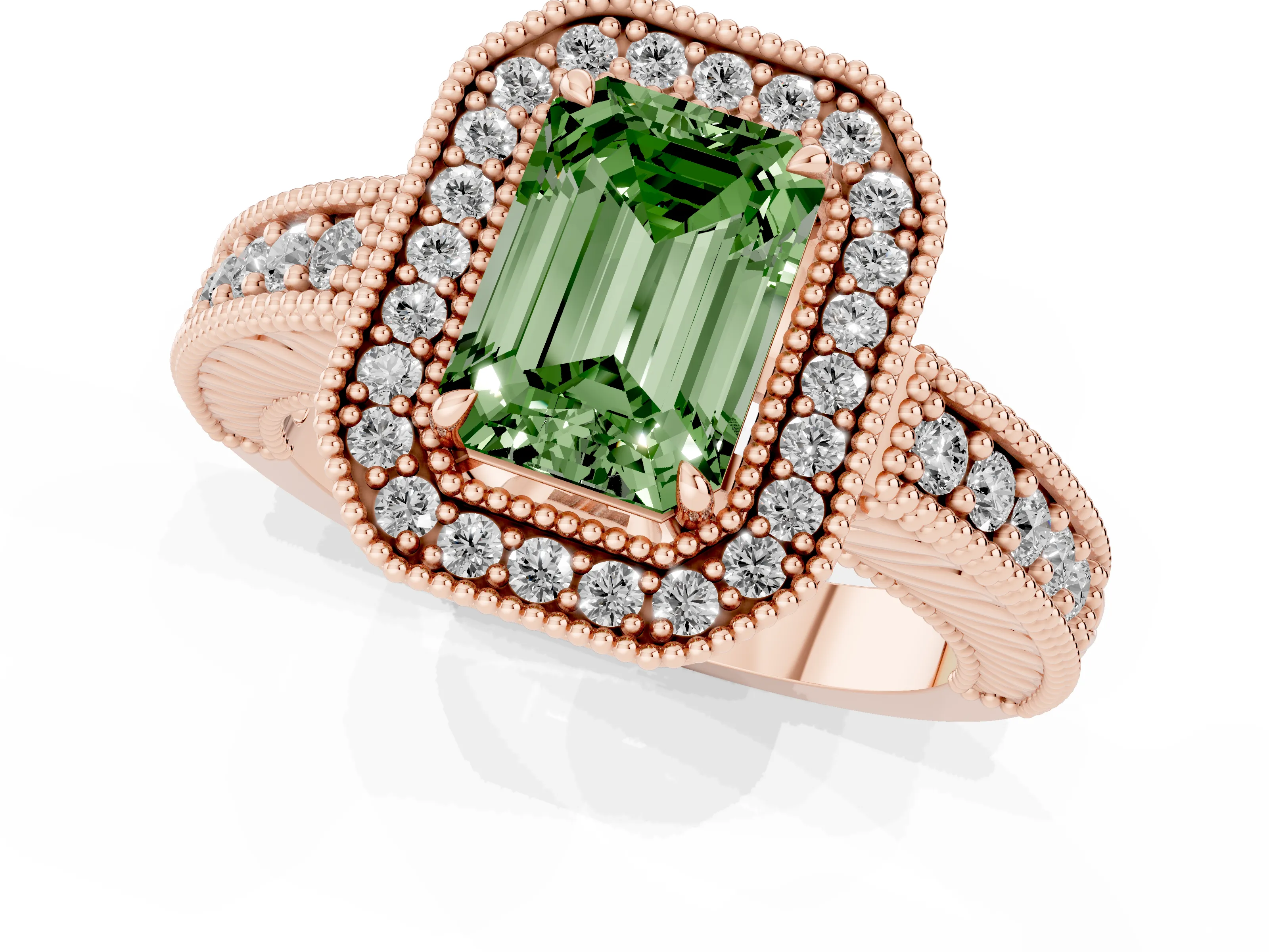Fancy Green Emerald Cut Diamond Halo Ring Set in Rose gold with Round Accent Halo, Pavé Band and Prong Setting