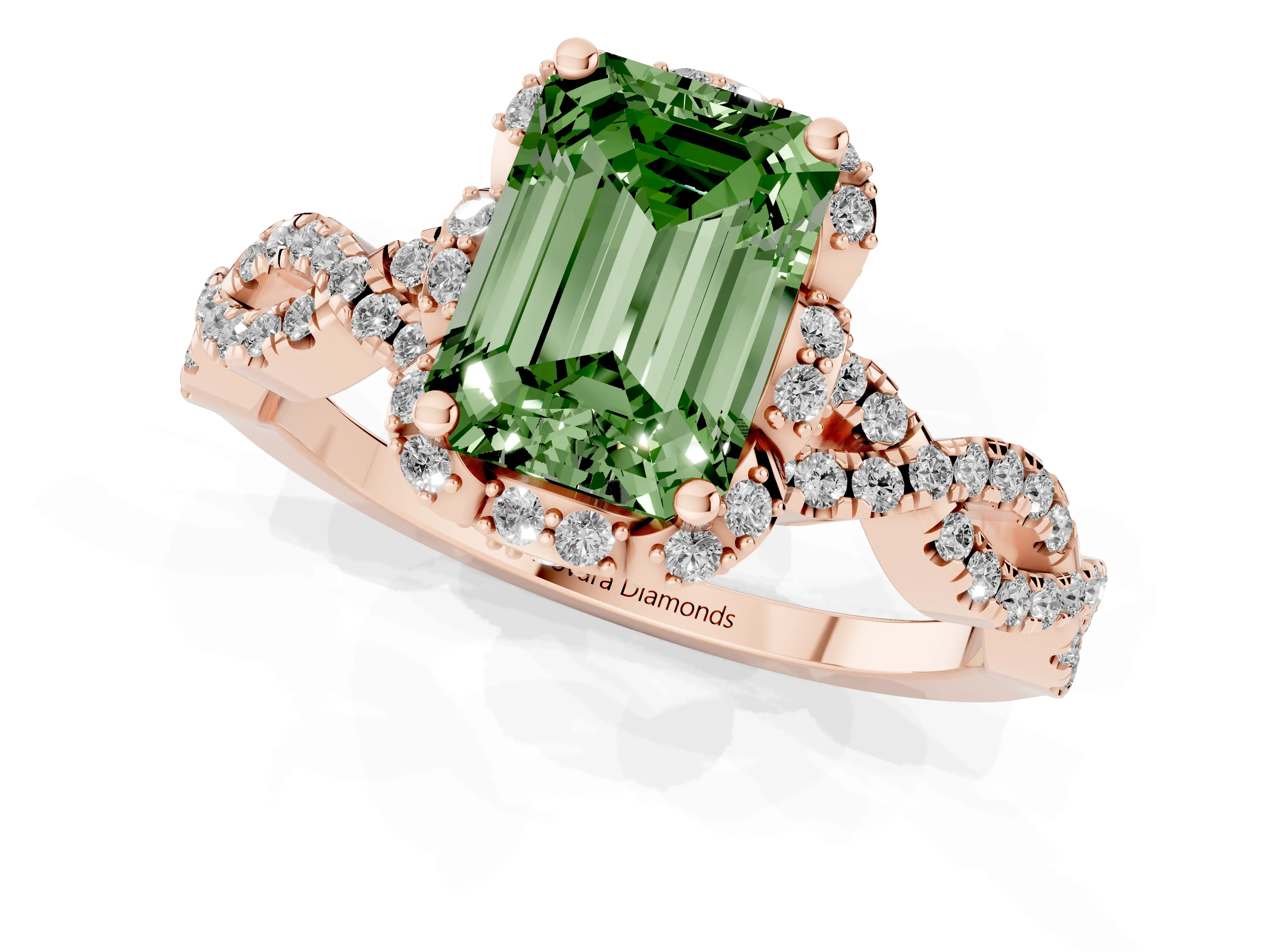 Fancy Green Emerald Cut Diamond Halo Twist Band Solitaire Ring Set in Rose gold with Prong-Set Center Stone
