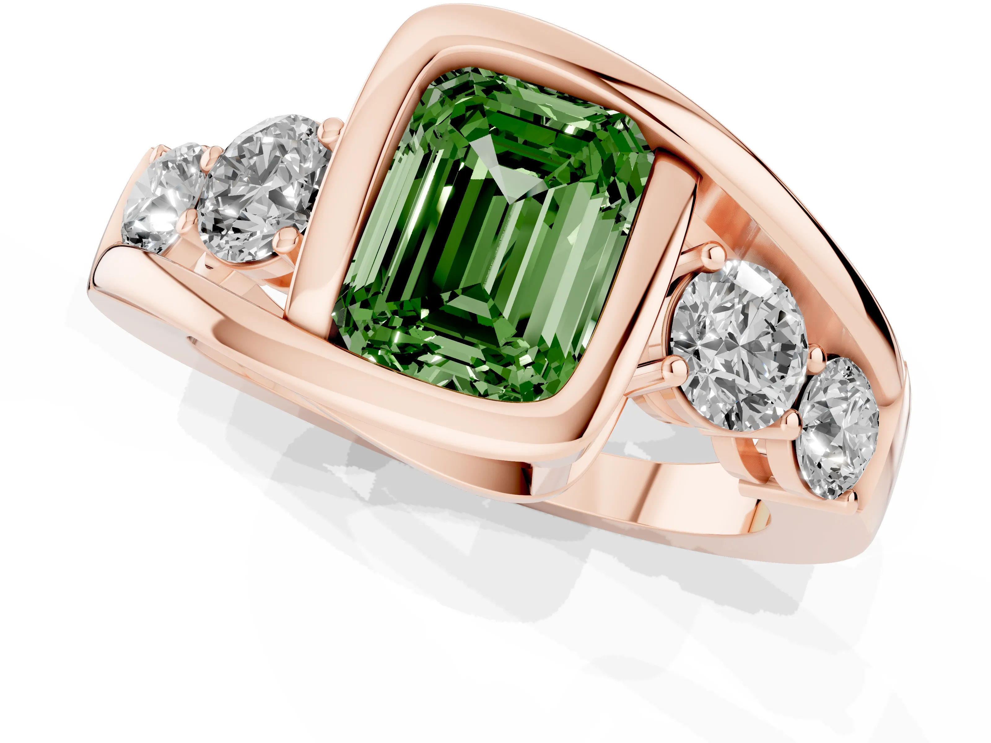 Fancy Green Emerald Cut Diamond Bezel Bypass Ring Set in Rose gold with Round Accents