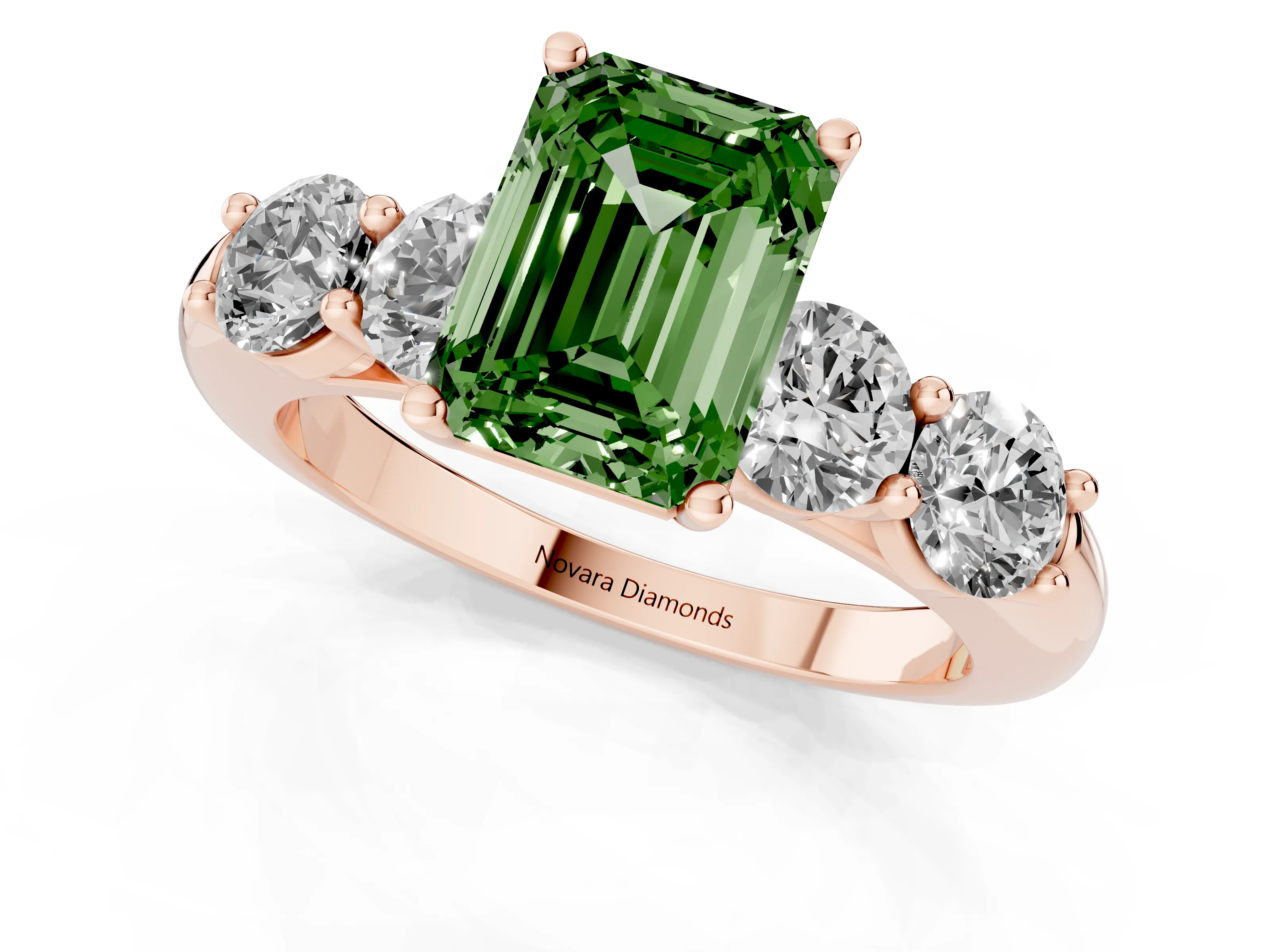Fancy Green Emerald Cut Diamond Five-Stone Prong Set Ring Set in Rose gold with Classic Band