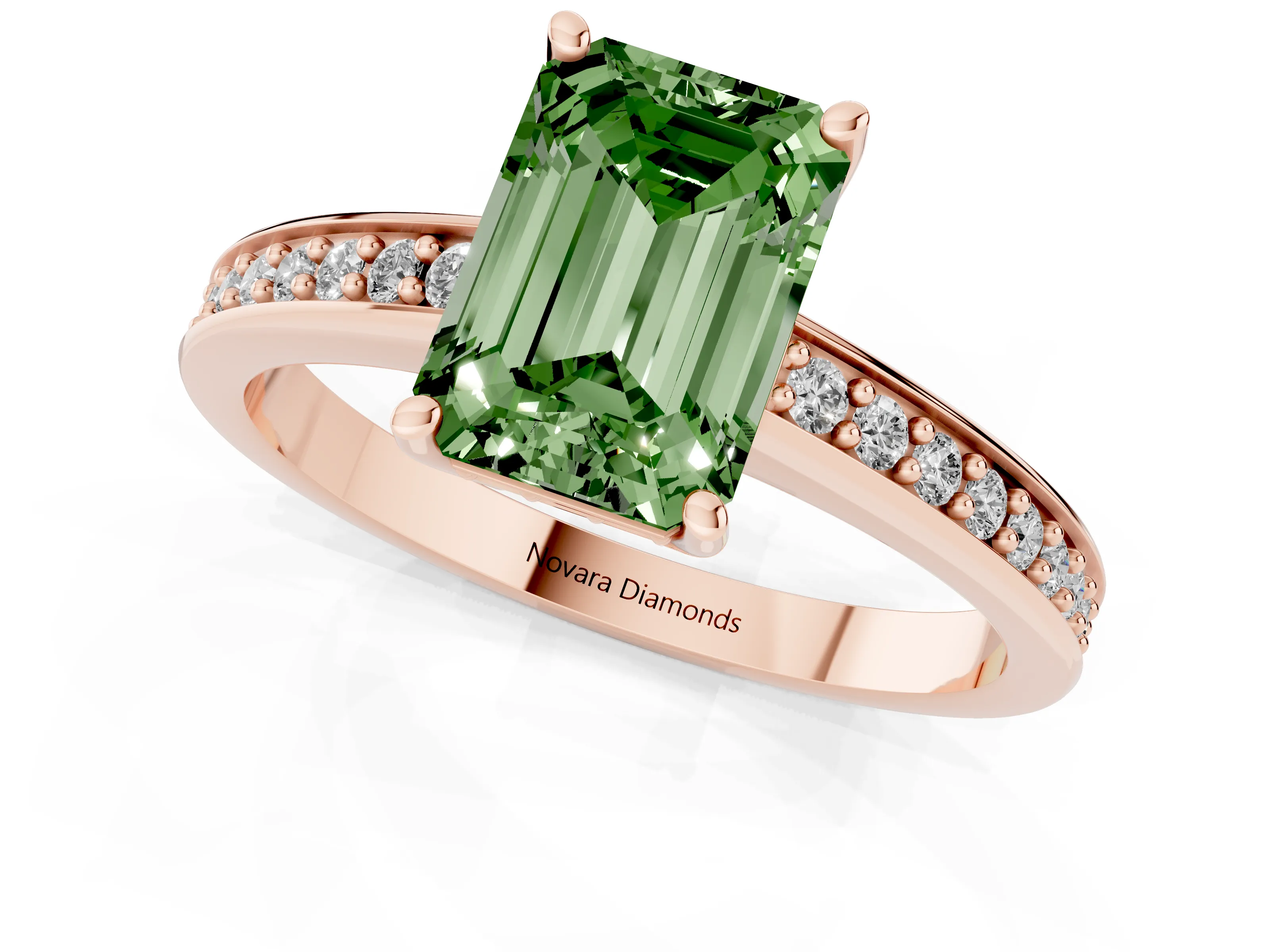 Fancy Green Emerald Cut Diamond Pavé Band Prong Set Solitaire Ring Set in Rose gold