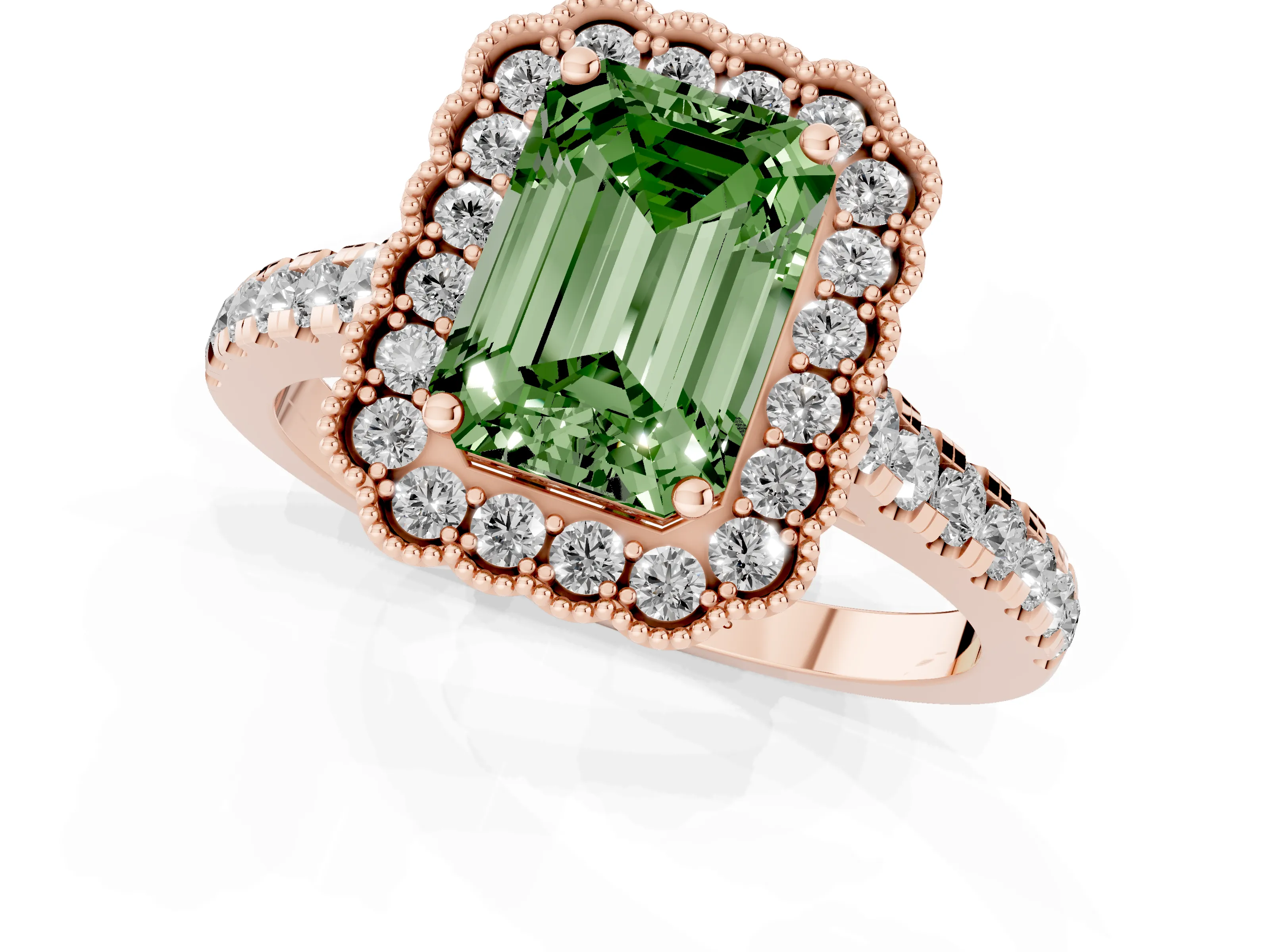 Fancy Green Emerald Cut Diamond Milgrain Floral Halo Engagement Ring Set in Rose gold with Pavé Band