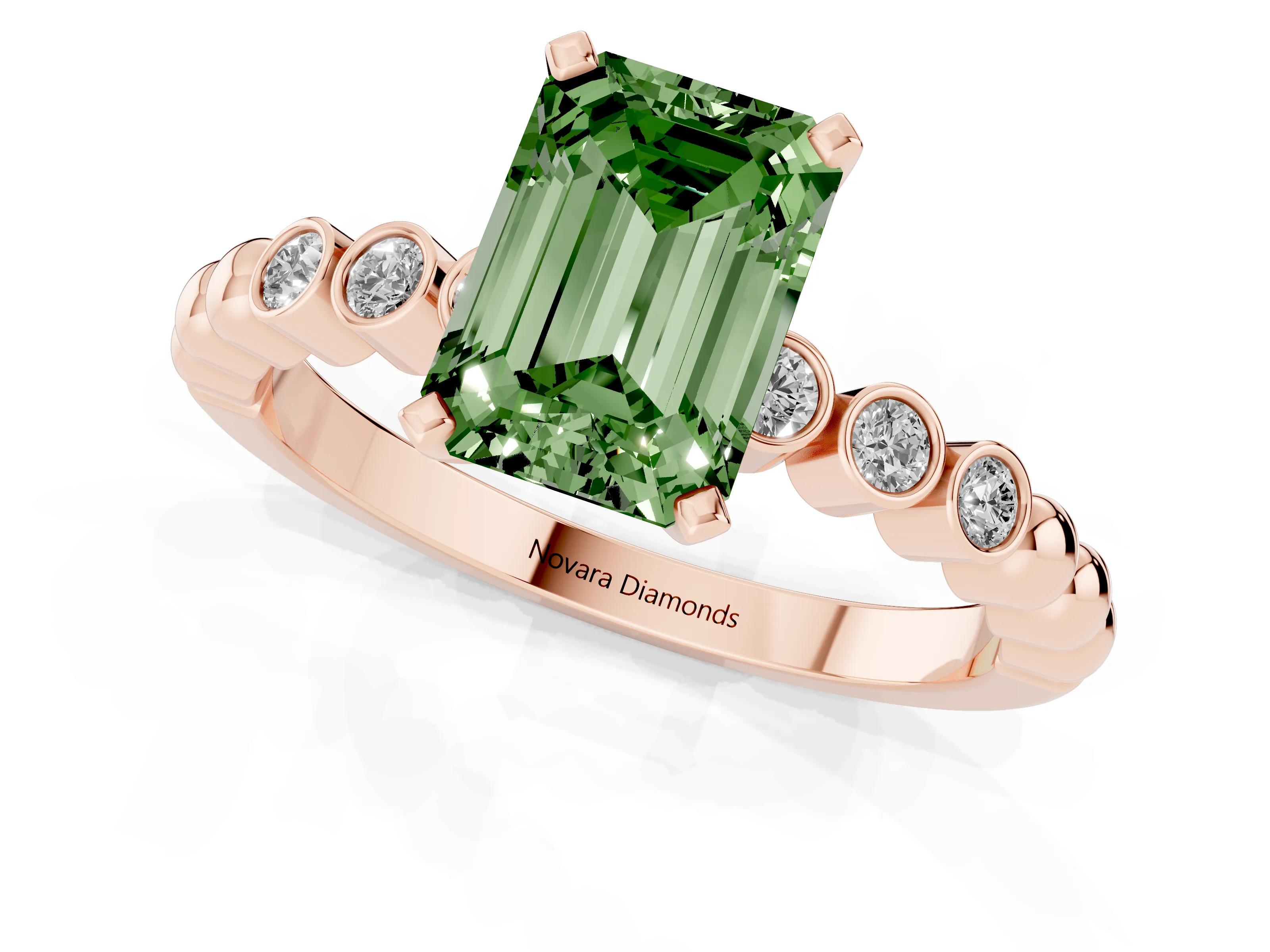 Fancy Green Emerald Cut Diamond Solitaire Engagement Ring Set in Rose gold with Bezel Accents on Beaded Band