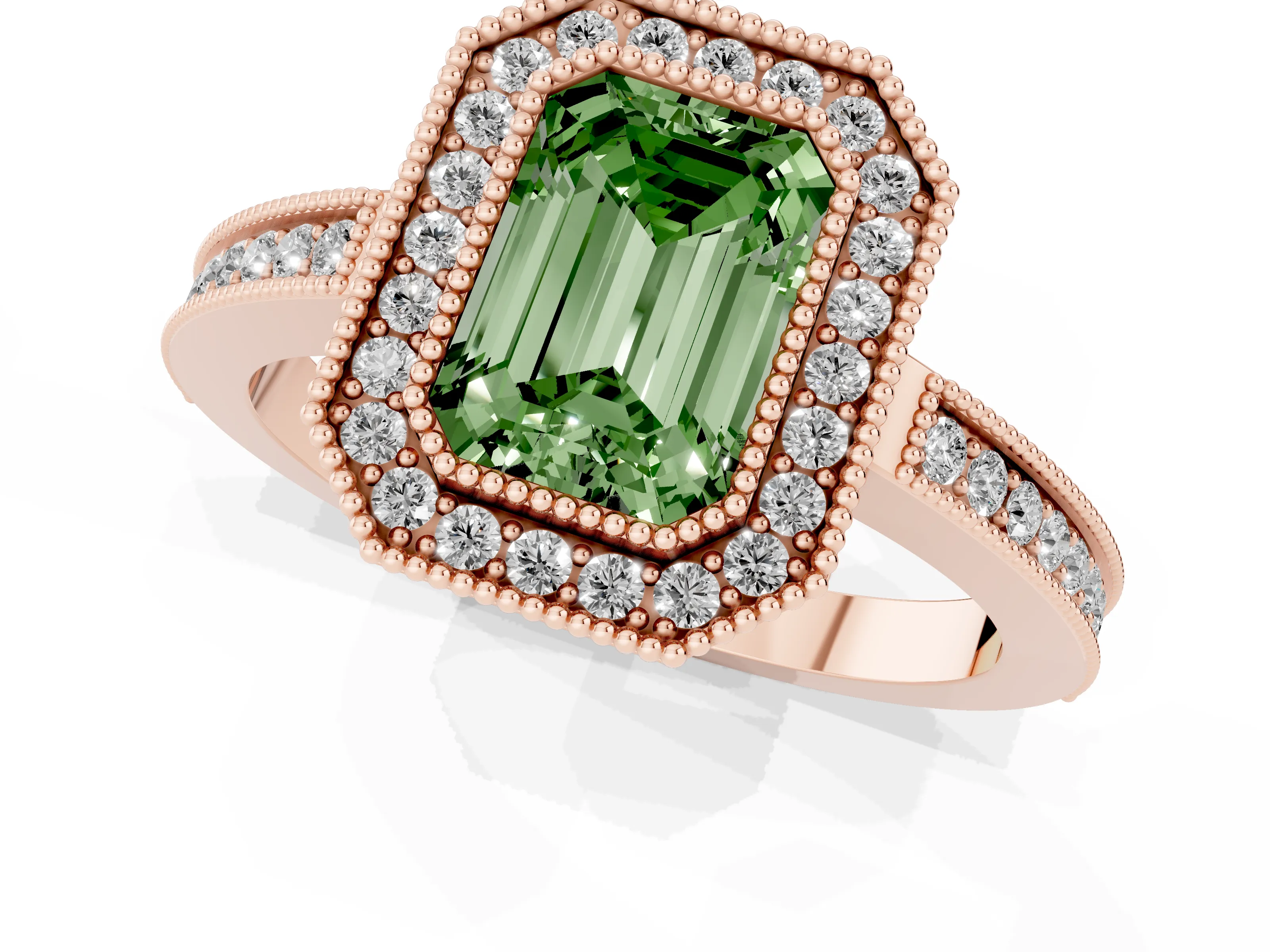 Fancy Green Emerald Cut Diamond Halo Ring Set in Rose gold with Pavé Band and Milgrain-Edged Prongs