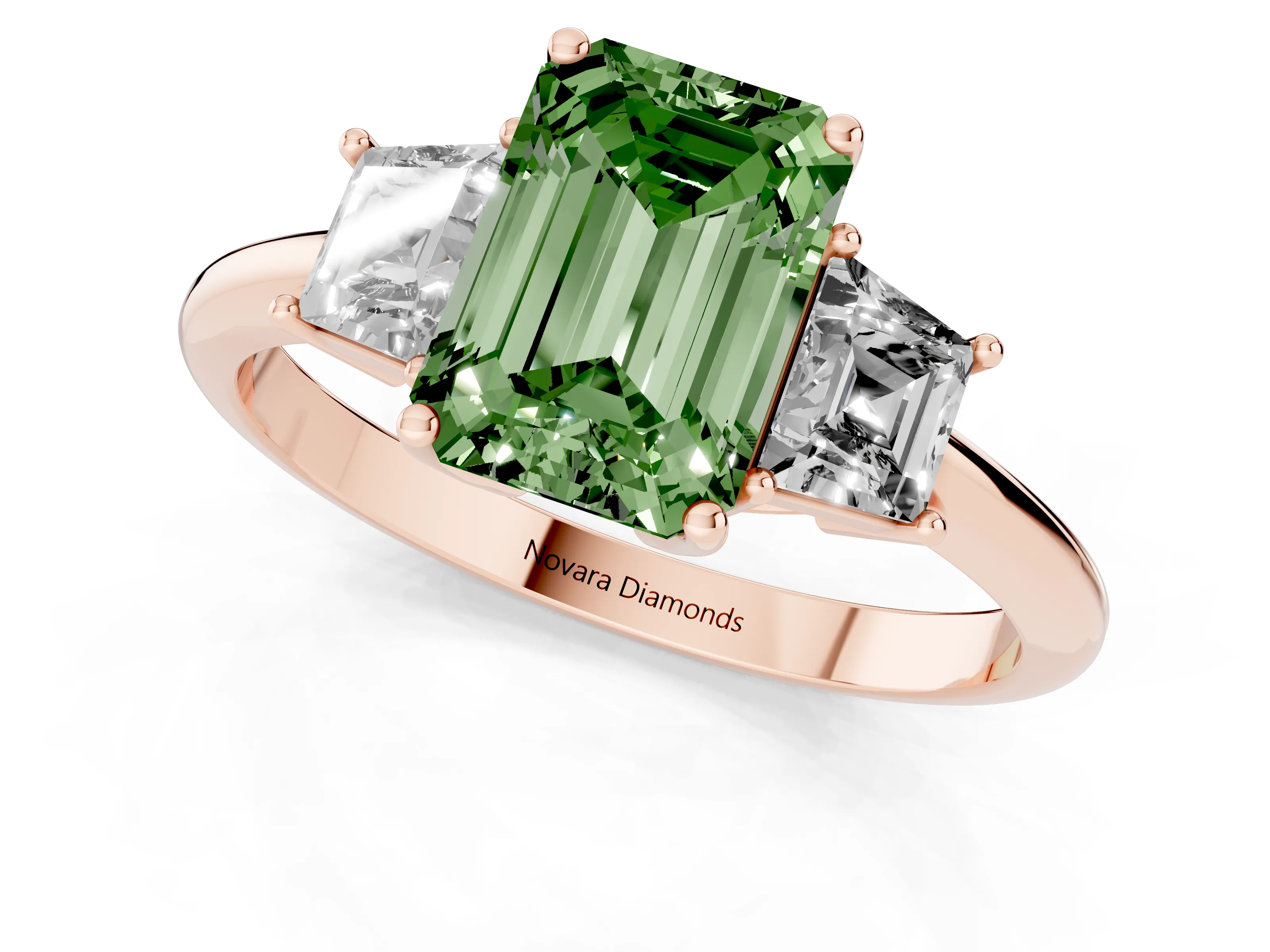 Fancy Green Emerald Cut Diamond Three-Stone Ring Set in Rose gold with Trapezoid Side Stones and Prong Setting