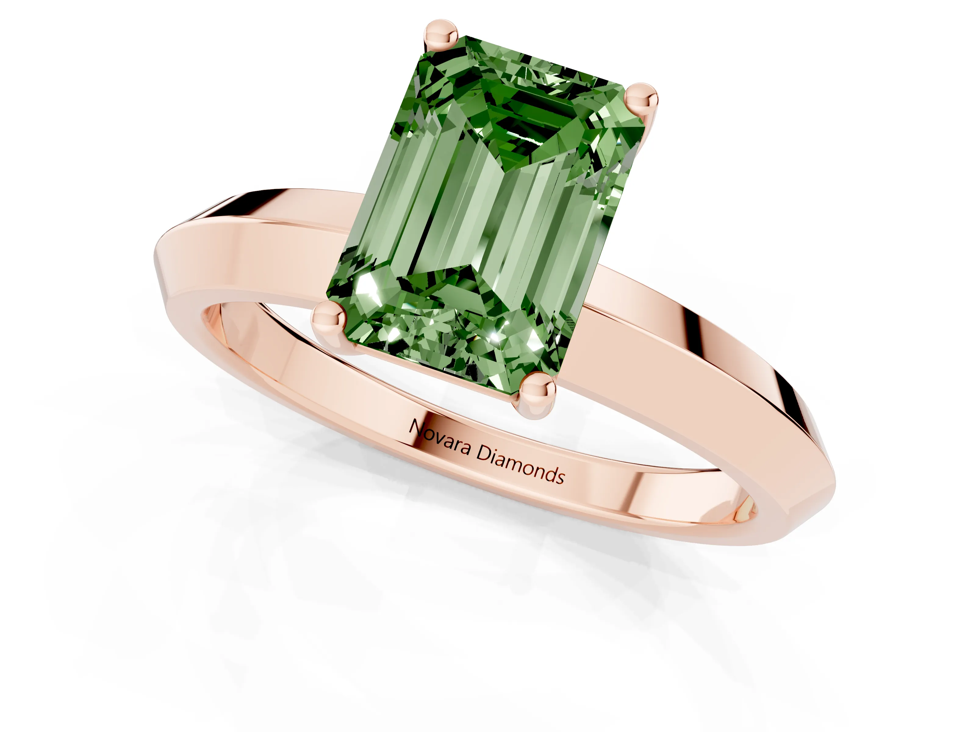 Fancy Green Emerald Cut Diamond Solitaire Engagement Ring Set in Rose gold with Flat Band and Prong Setting