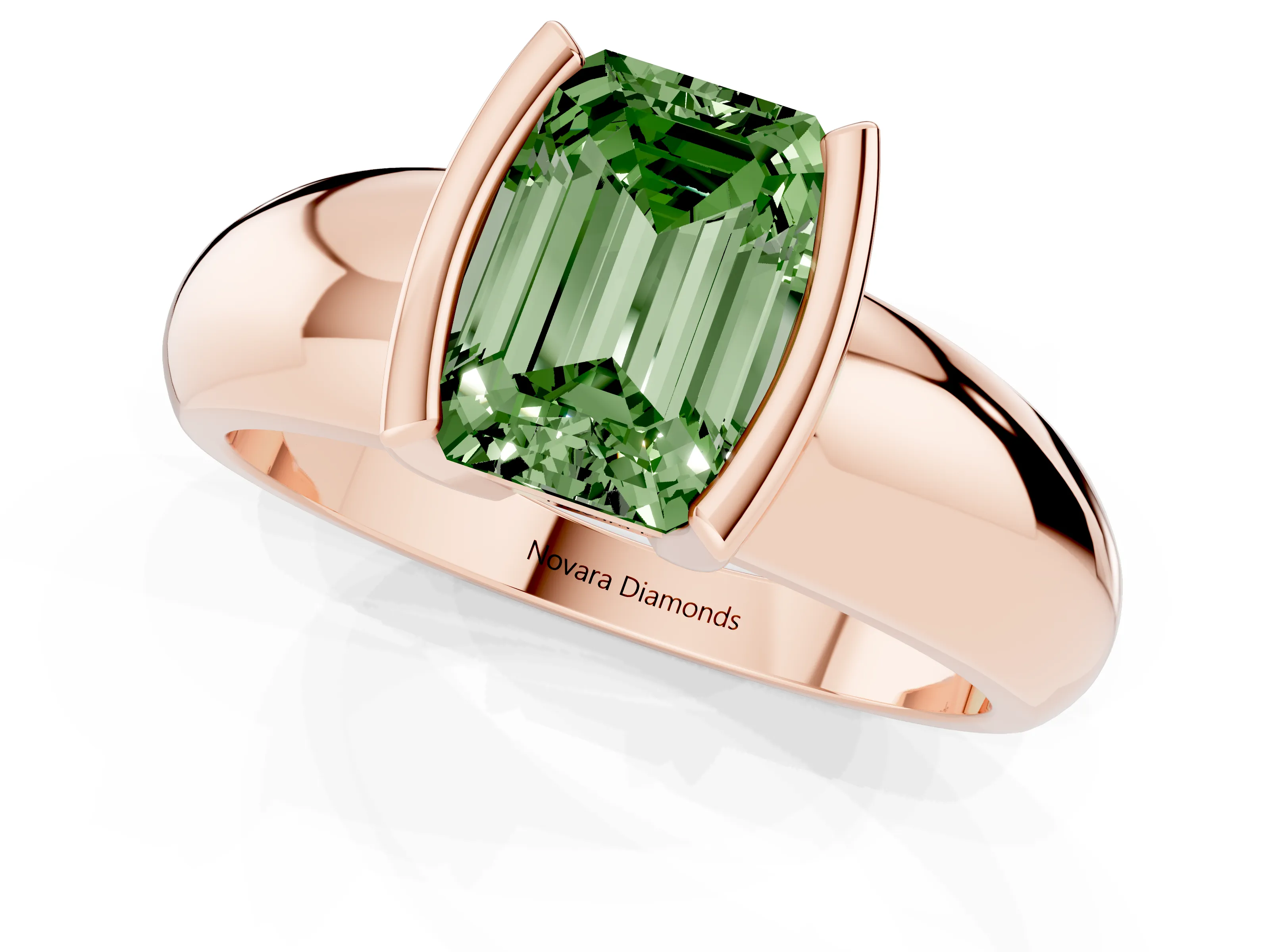 Fancy Green Emerald Cut Diamond Solitaire Tension Set Ring Set in Rose gold with Wide Band