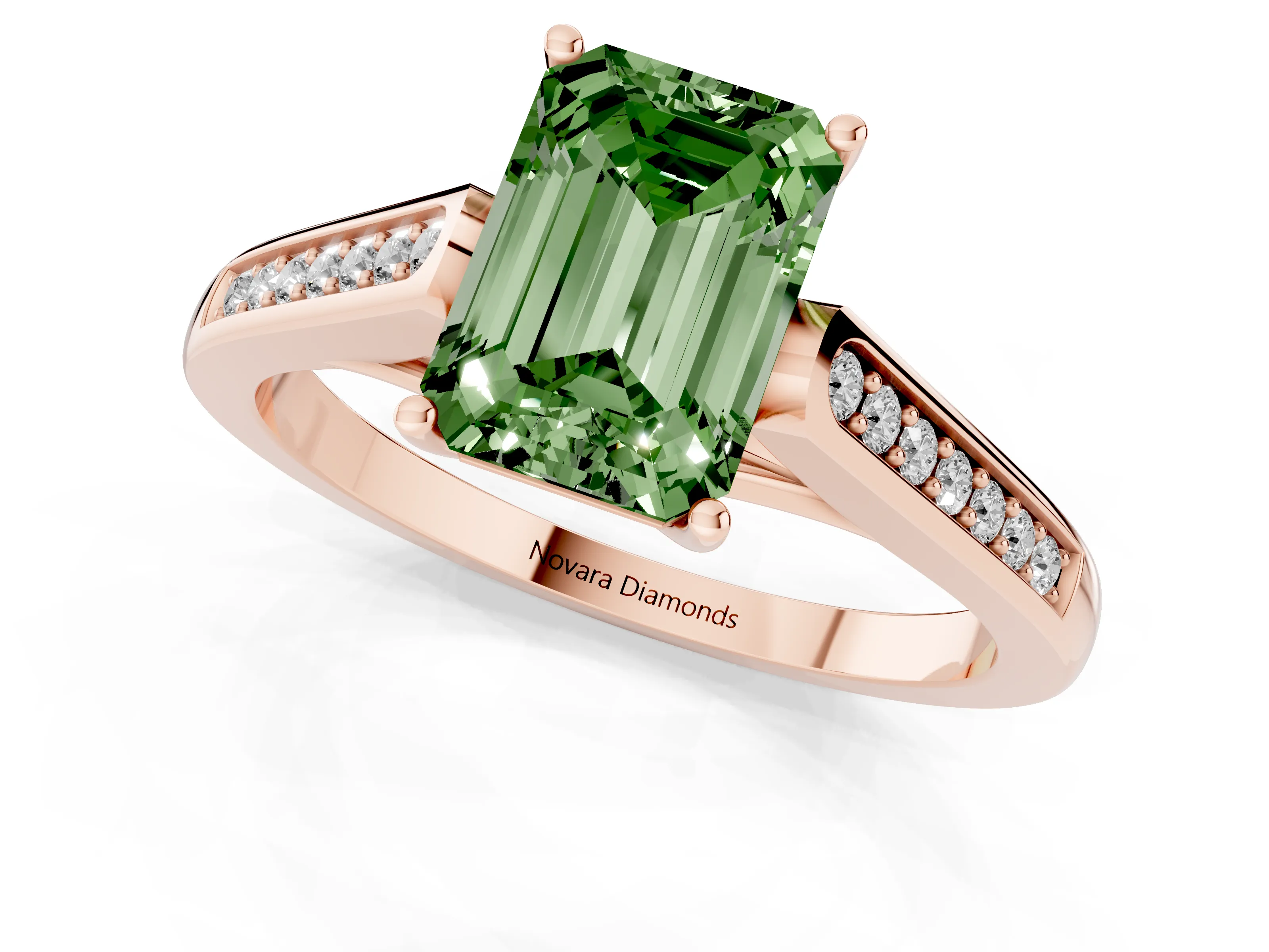 Fancy Green Emerald Cut Diamond Solitaire Cathedral Engagement Ring Set in Rose gold with Channel-Set Band and Prong Setting