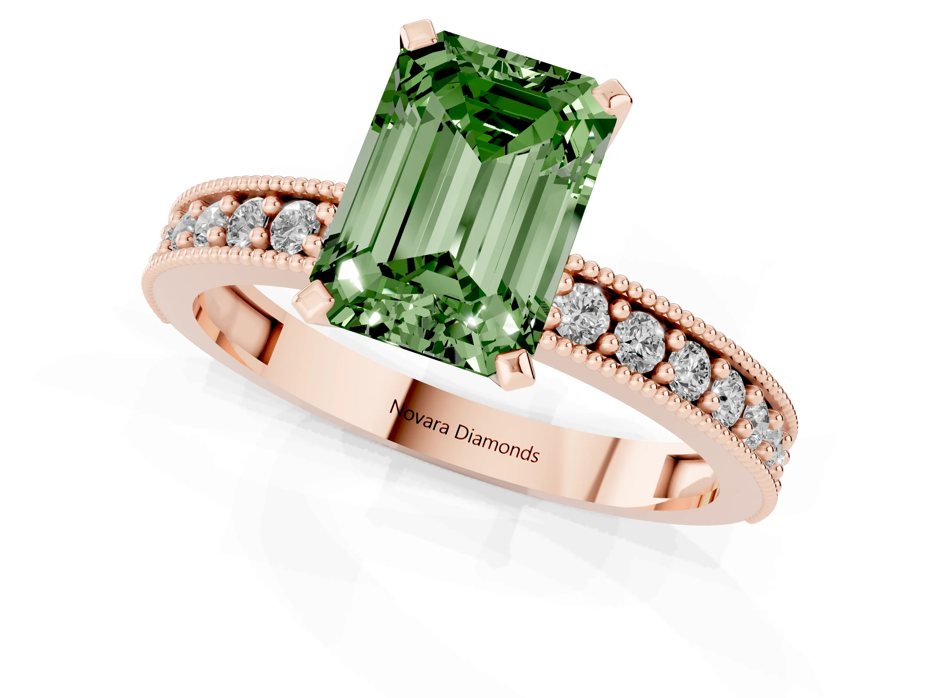 Fancy Green Emerald Cut Diamond Milgrain Pavé Engagement Ring Set in Rose gold with Prong Setting