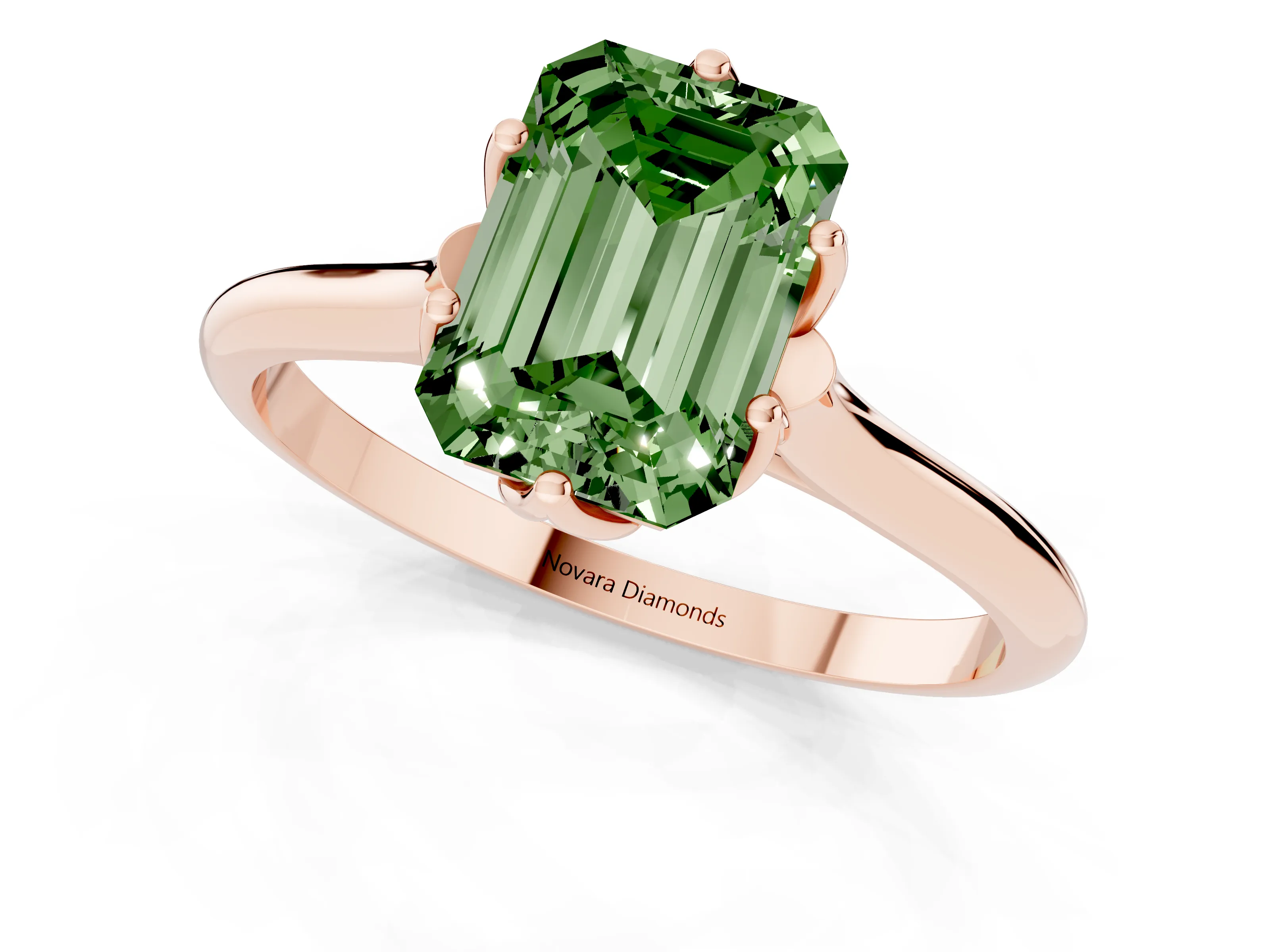 Fancy Green Emerald Cut Diamond Solitaire Cathedral Ring Set in Rose gold with Prong Setting