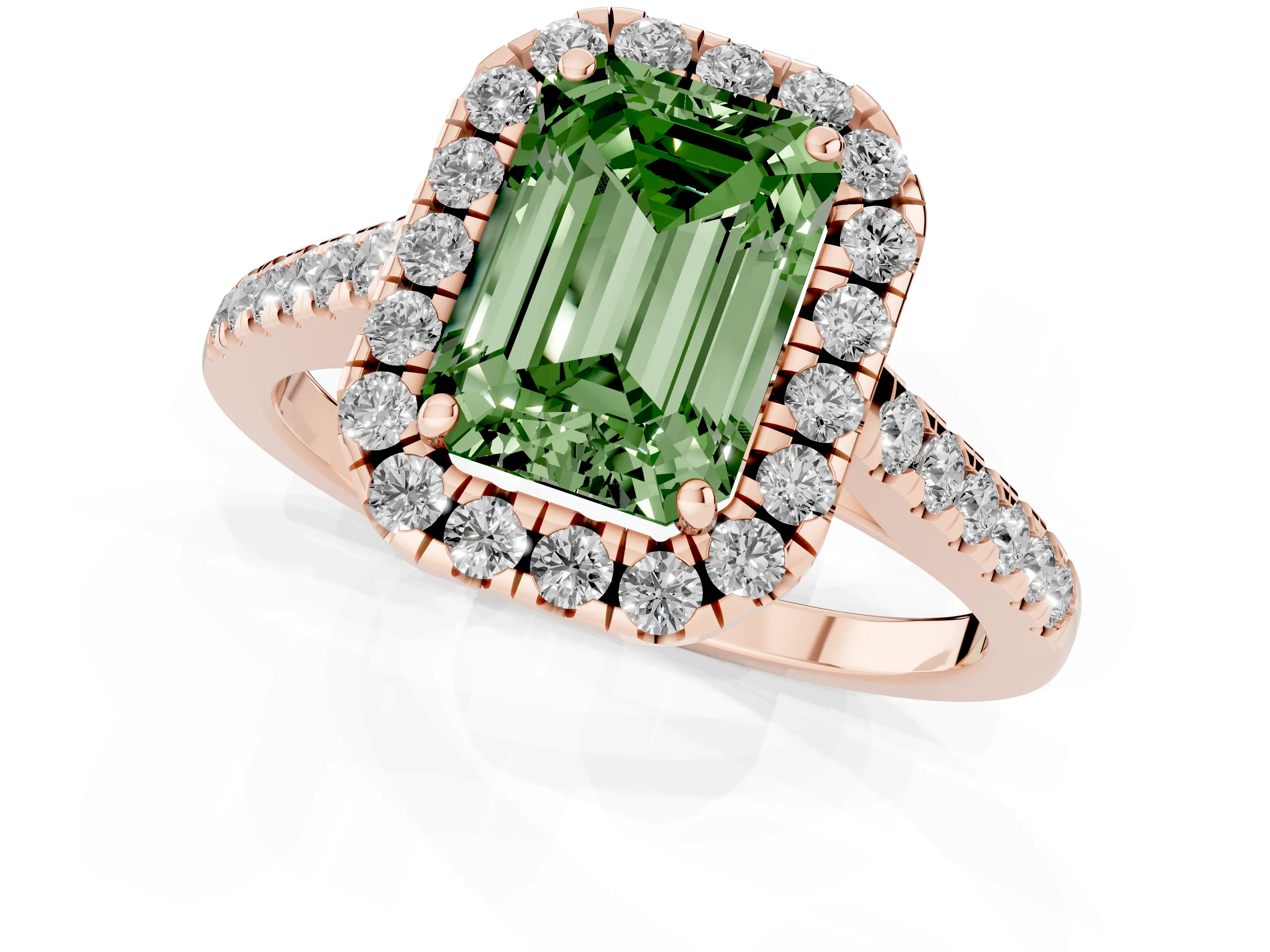 Fancy Green Emerald Cut Diamond Halo Pavé Engagement Ring Set in Rose gold with Prong Setting