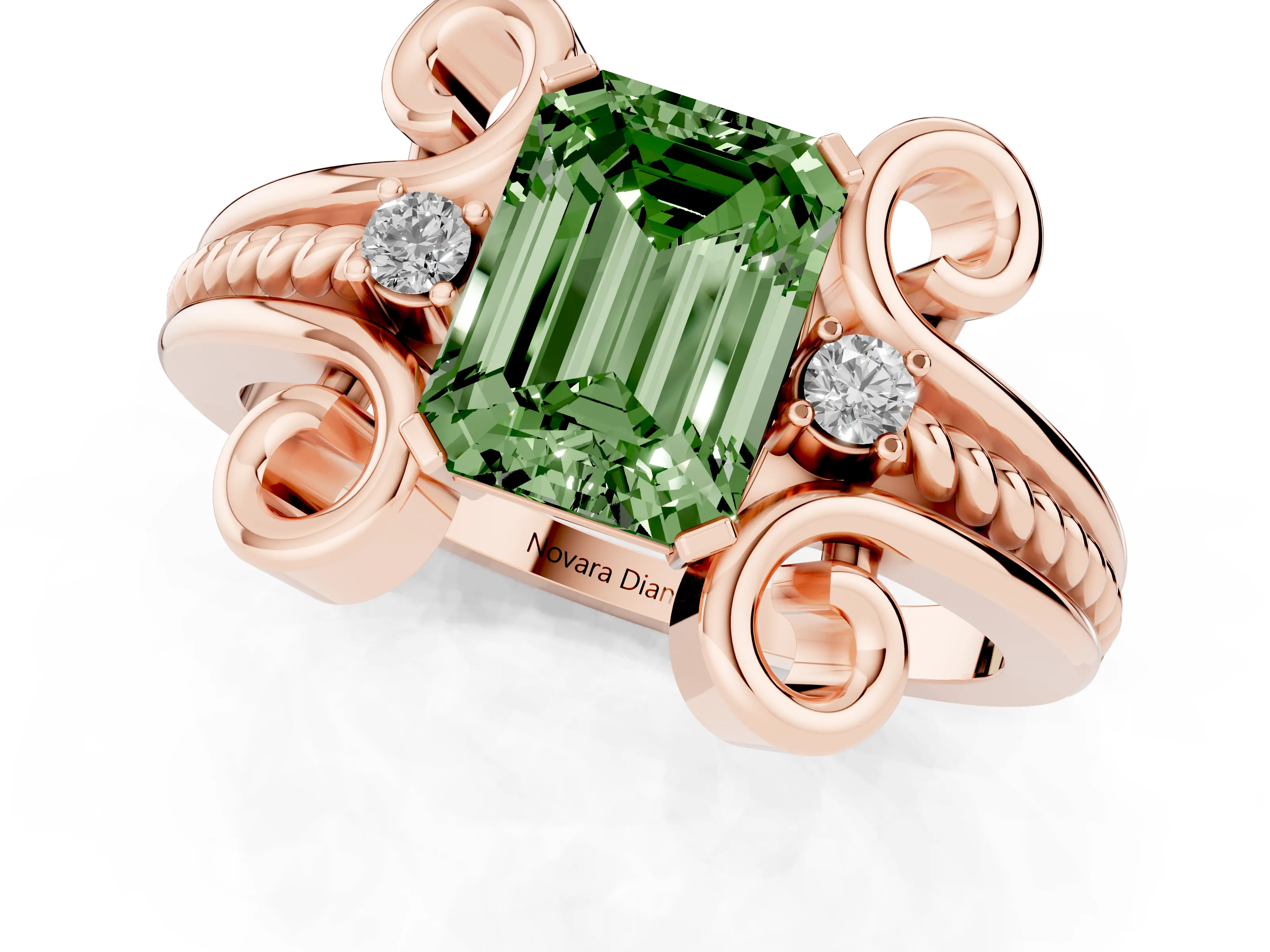 Fancy Green Emerald Cut Diamond Twisted Band Solitaire Ring Set in Rose gold with Scroll Prongs