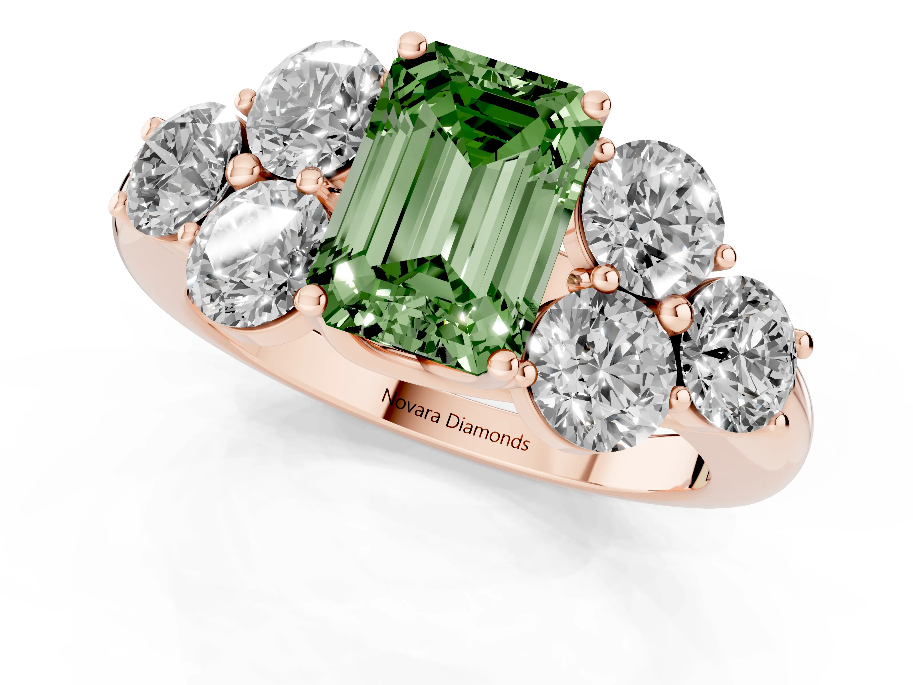 Fancy Green Emerald Cut Diamond Cluster Ring Set in Rose gold with Round Accent Stones and Prong Setting on a Plain Band