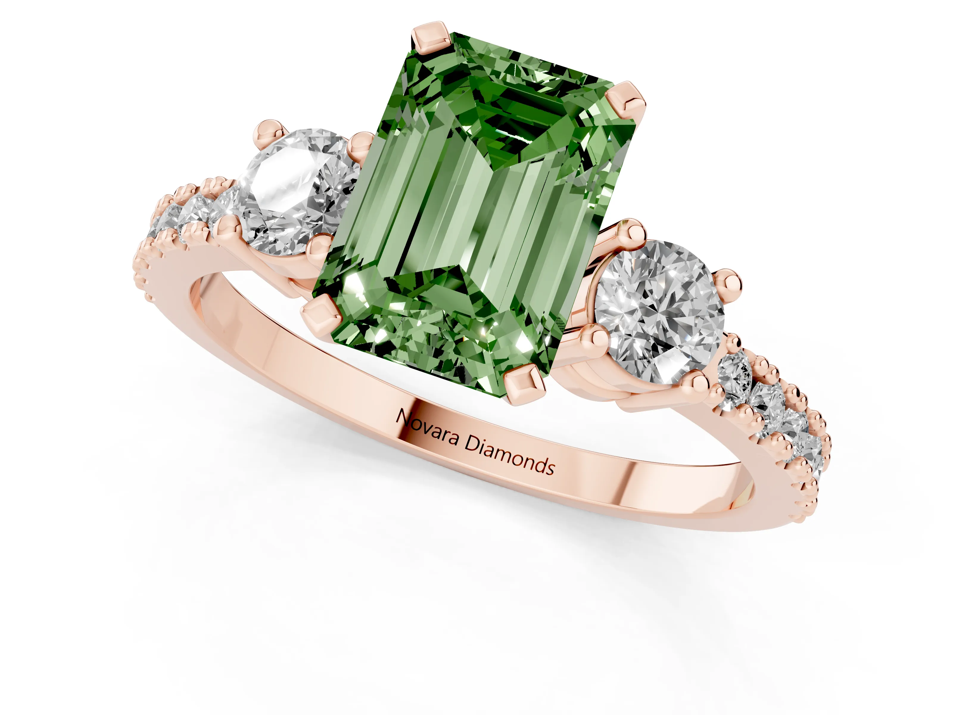 Fancy Green Three-Stone Emerald Cut Diamond Pavé Band Ring Set in Rose gold with Prong Setting