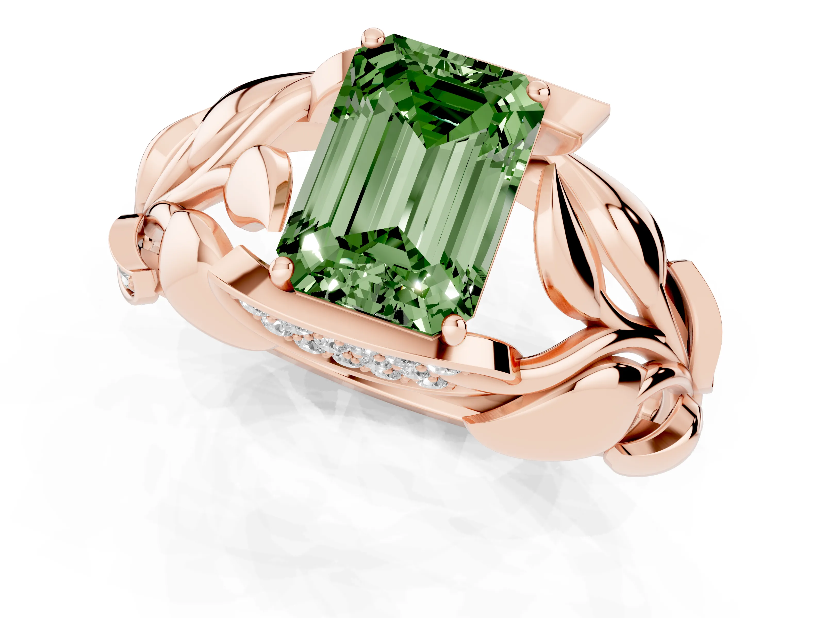 Fancy Green Emerald Cut Diamond Leaf-Inspired Engagement Ring Set in Rose gold with Round Accents