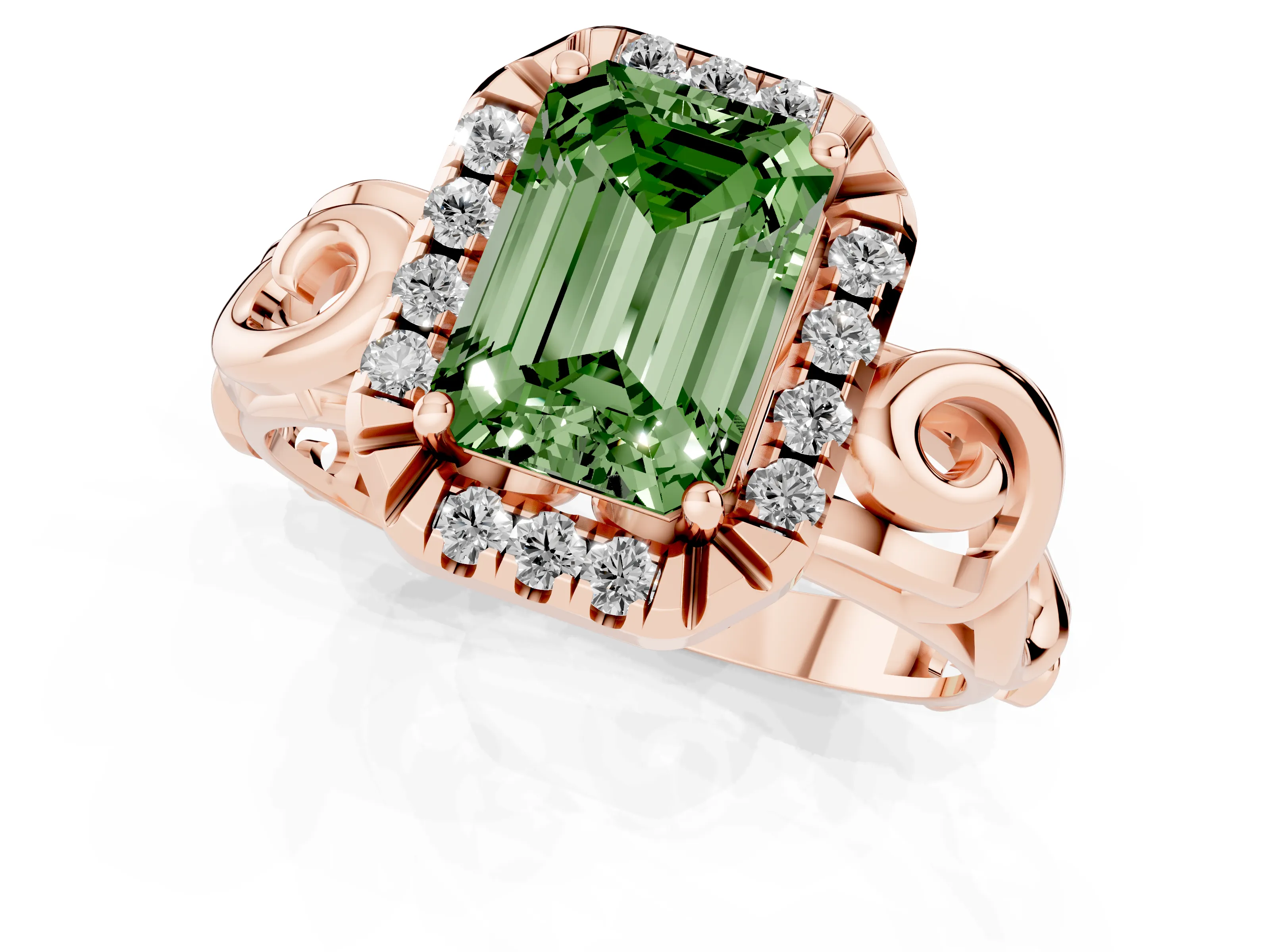 Fancy Green Emerald Cut Diamond Halo Ring Set in Rose gold with Scrollwork Band and Prong Setting