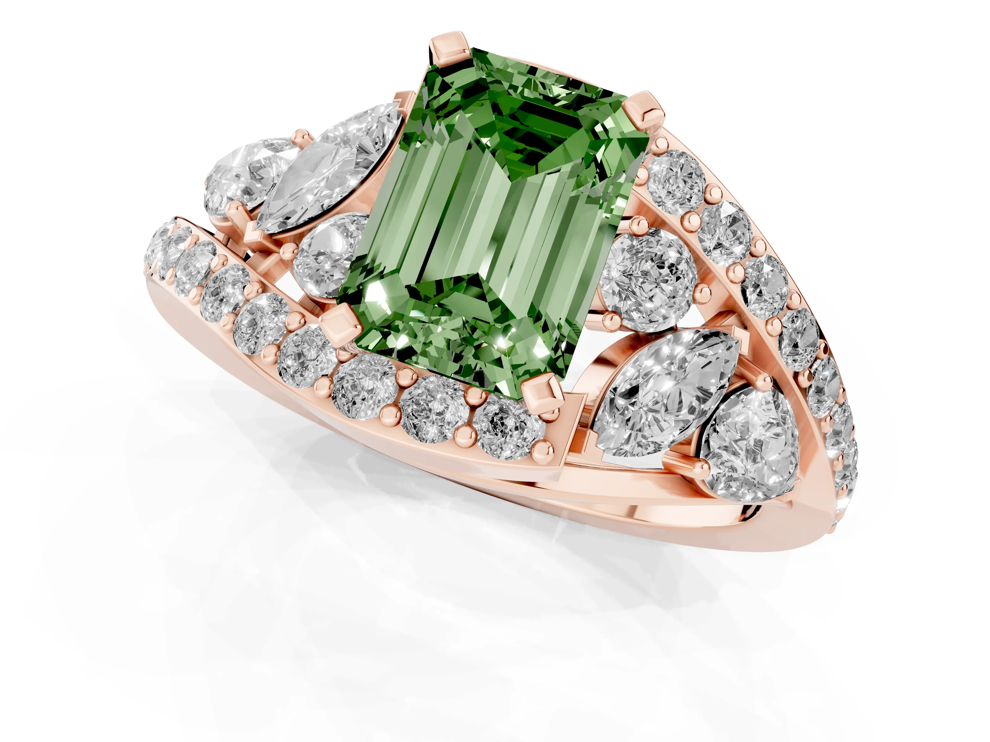 Fancy Green Emerald Cut Diamond Halo Ring Set in Rose gold with Marquise and Pavé Band in Prong Setting