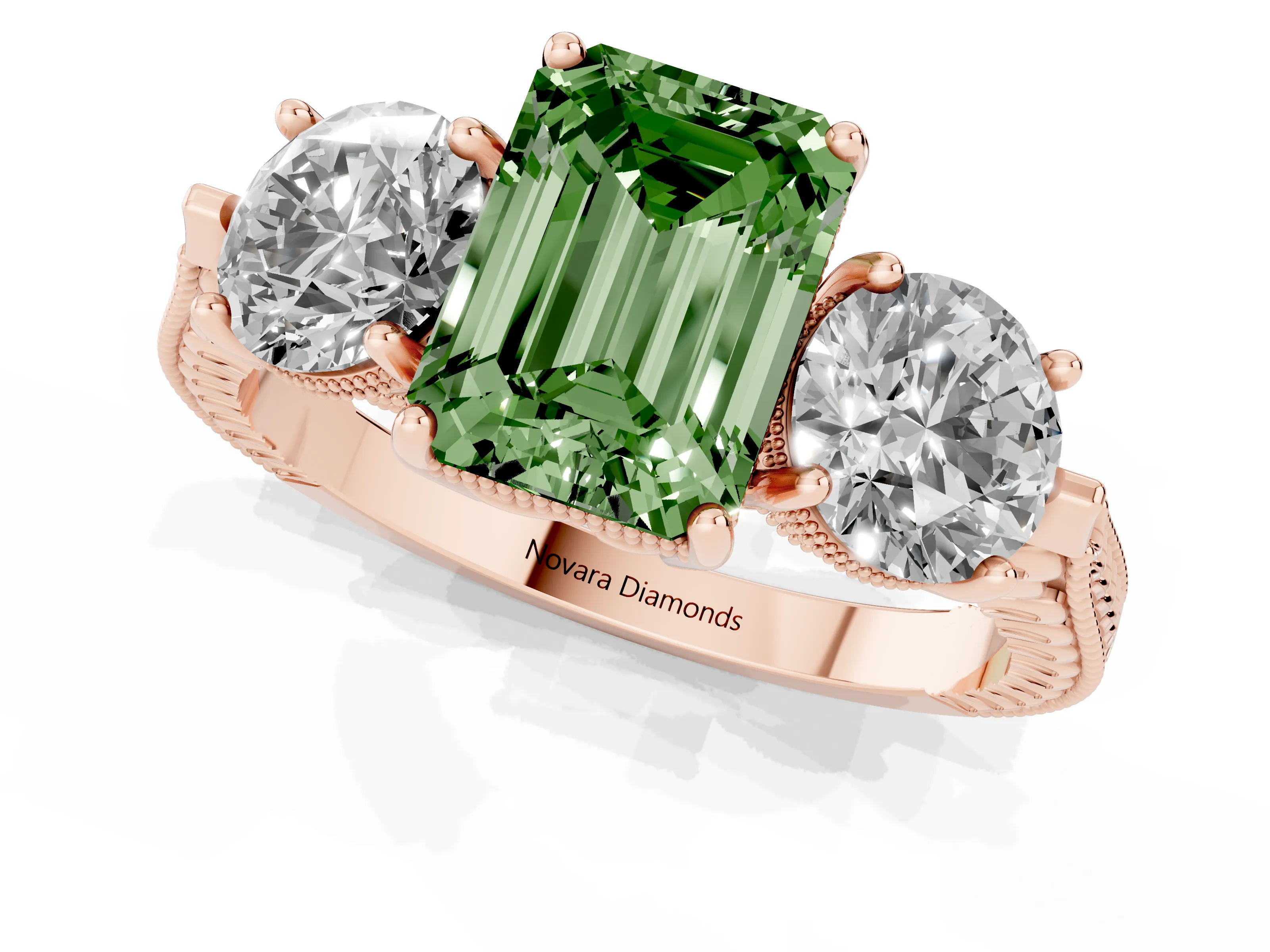 Fancy Green Emerald Cut Diamond Three-Stone Ring Set in Rose gold with Milgrain Band