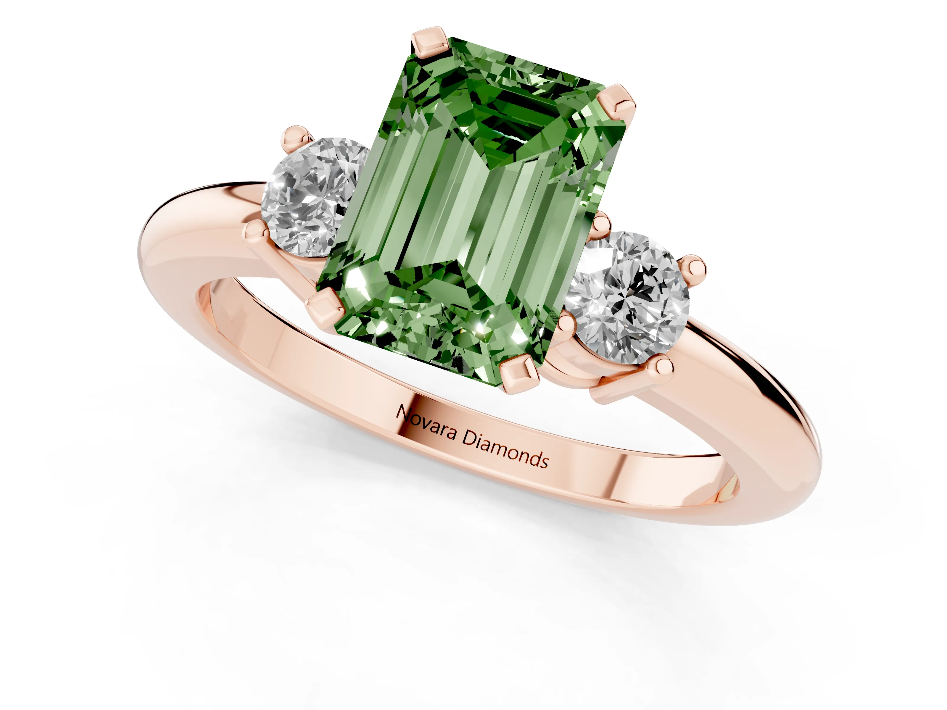 Fancy Green Three-Stone Emerald Cut Diamond Ring Set in Rose gold with Prong Setting and Plain Band