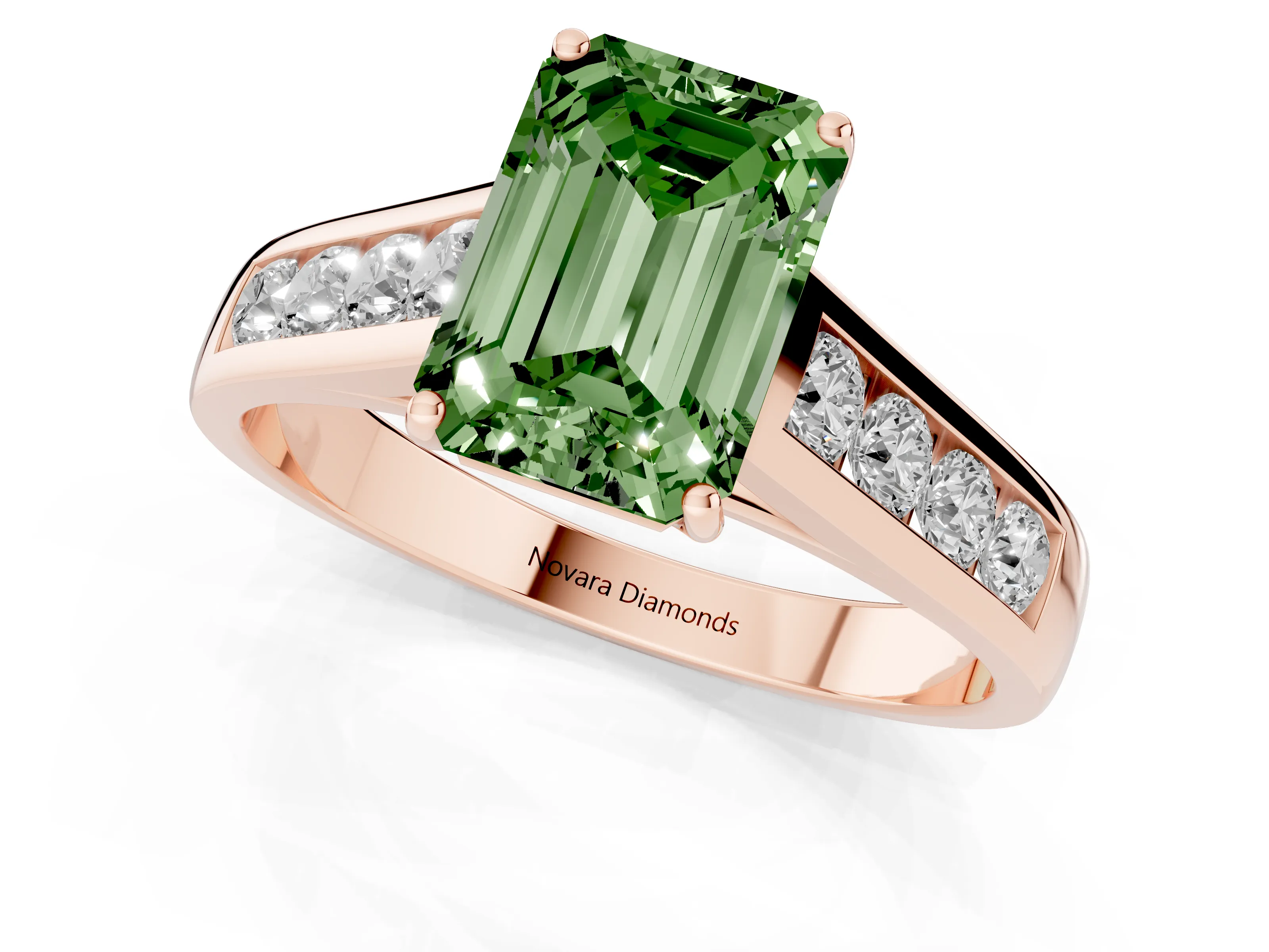 Fancy Green Emerald Cut Diamond Brilliant Channel-Set Solitaire Ring Set in Rose gold with Prong Setting