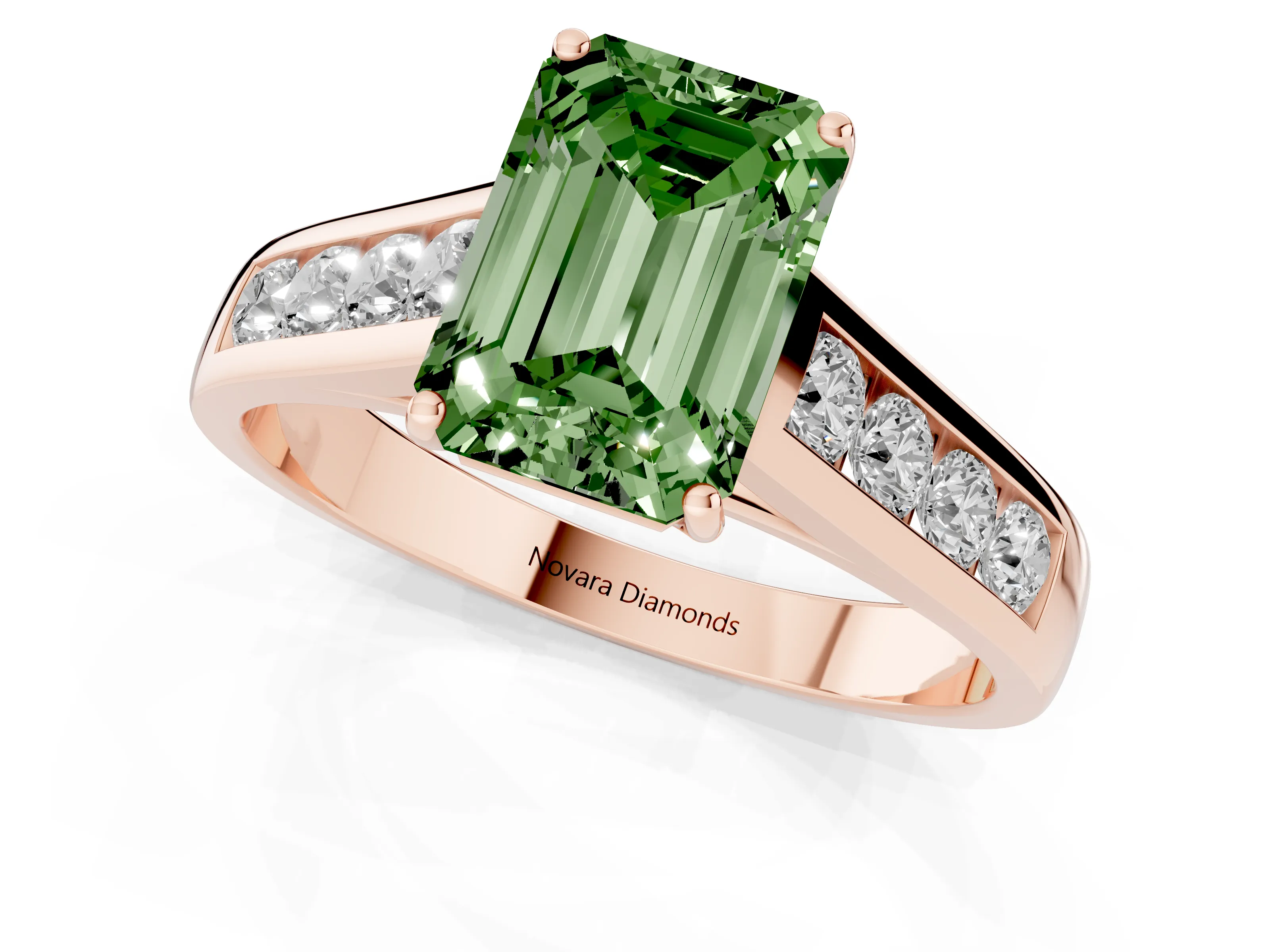 Fancy Green Emerald Cut Diamond Solitaire Channel-Set Engagement Ring Set in Rose gold with Prong Setting